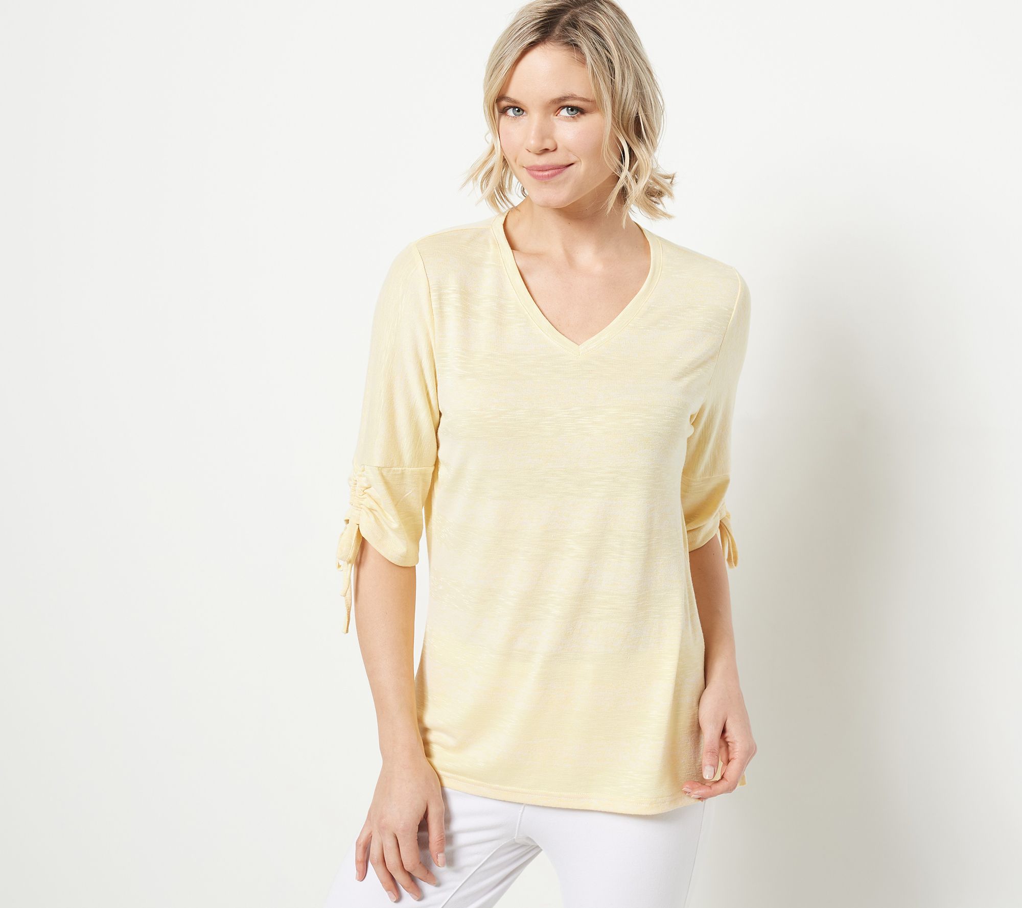 Belle by Kim Gravel V-Neck Shadow Striped Top w/ Ruched Sleeve