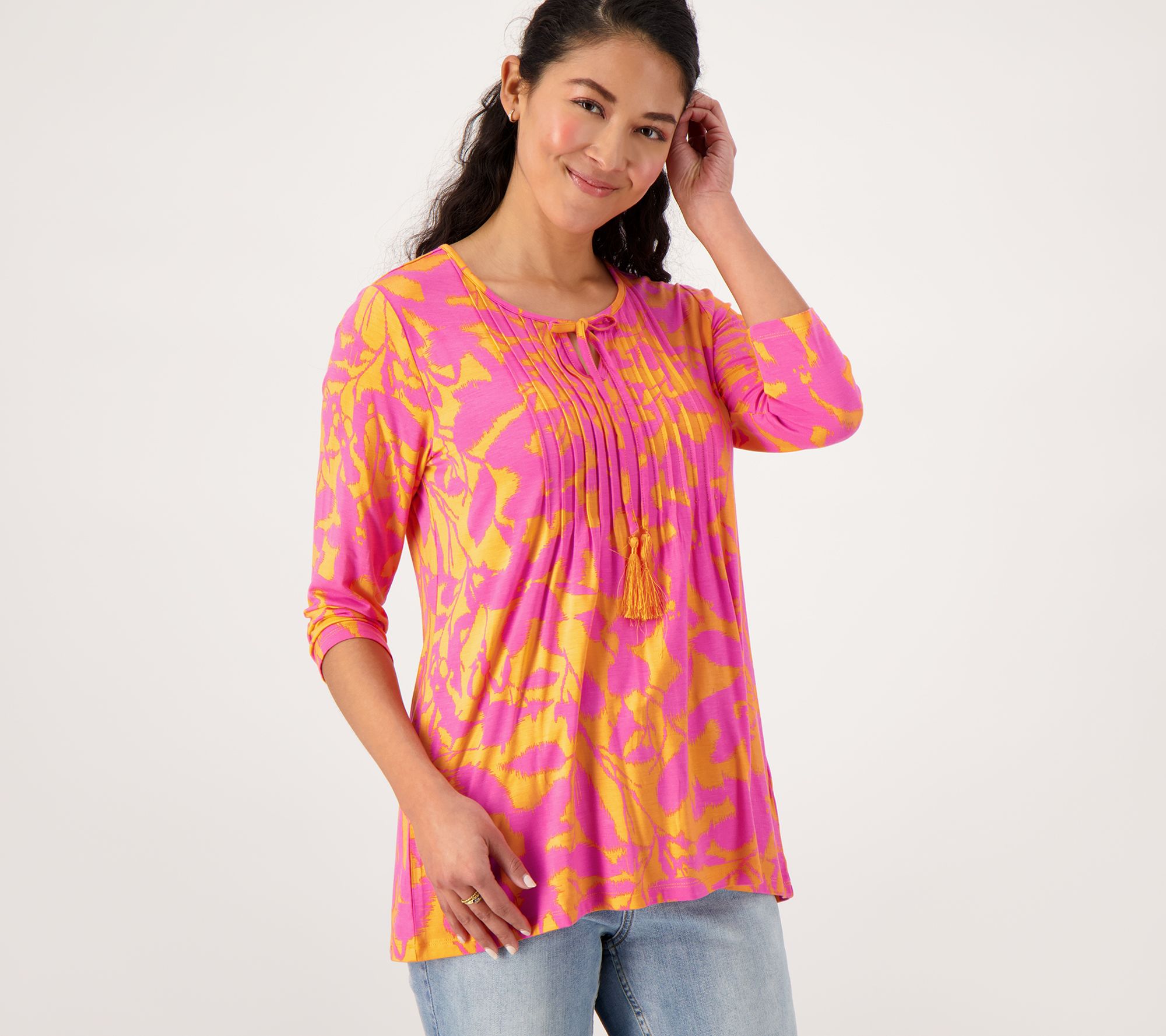 Belle by Kim Gravel Pop Floral Pintuck Shirt With Tassels