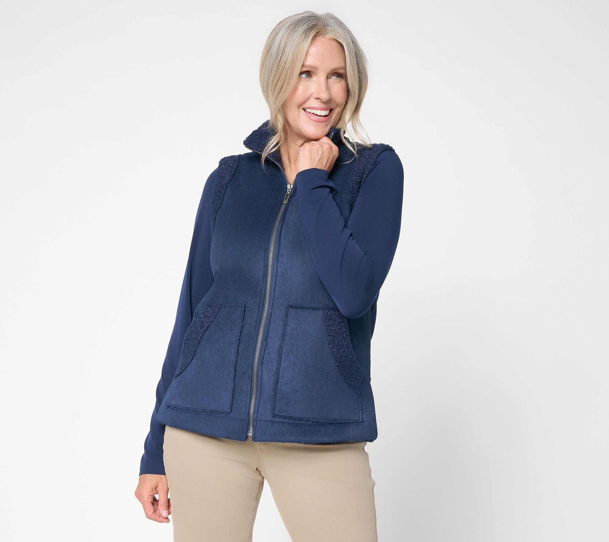 Susan Graver Weekend Bonded Sherpa/ Faux Suede Zip-Front Vest