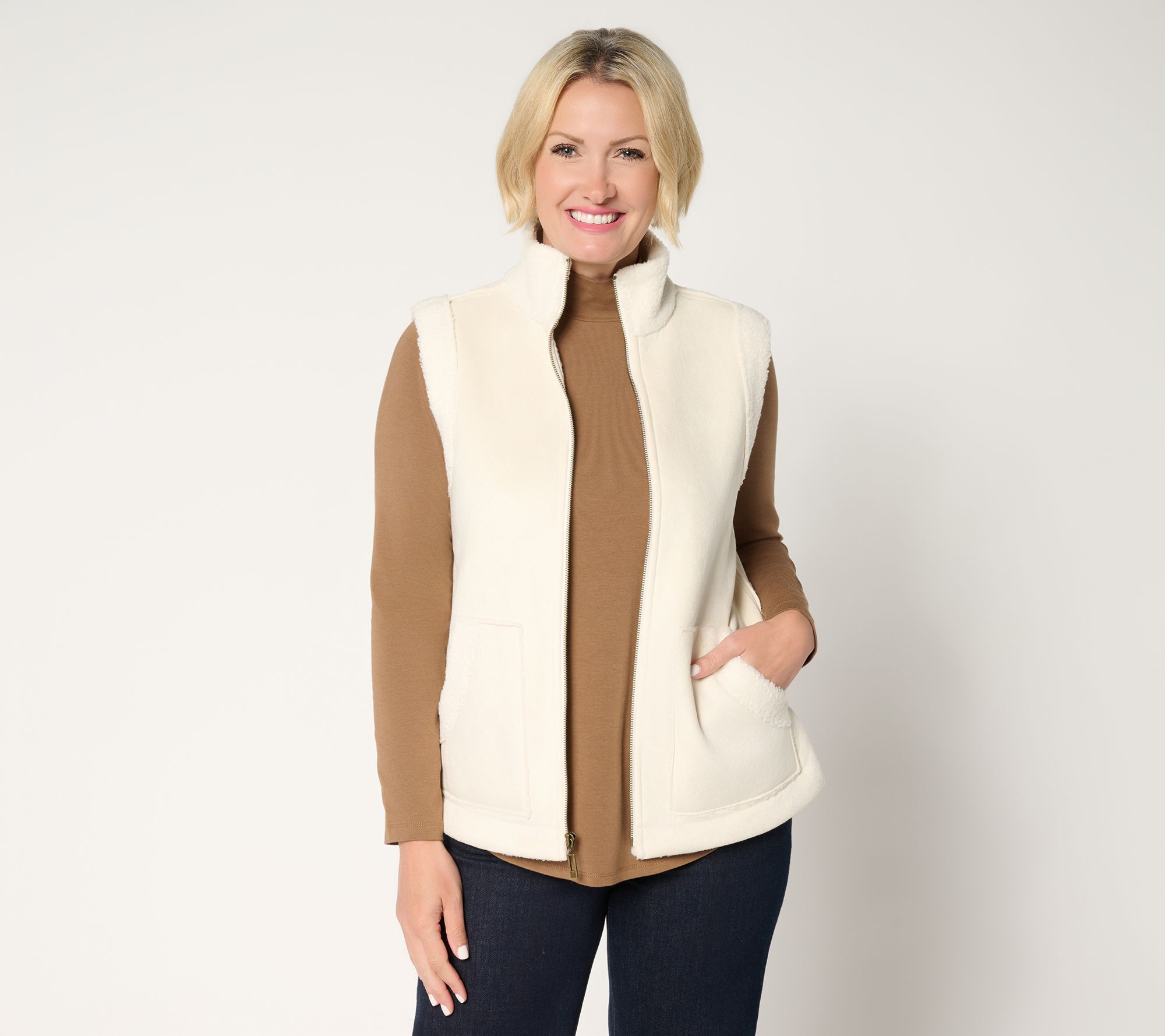 Susan Graver Weekend Bonded Sherpa/Faux Suede Zip-Front Vest