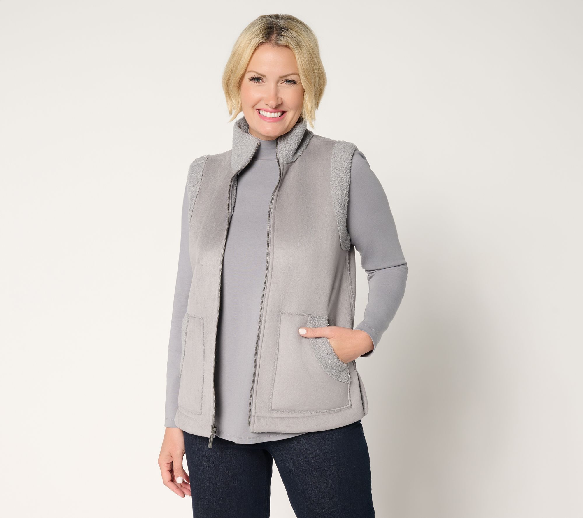 Susan Graver Weekend Bonded Sherpa/Faux Suede Zip-Front Vest