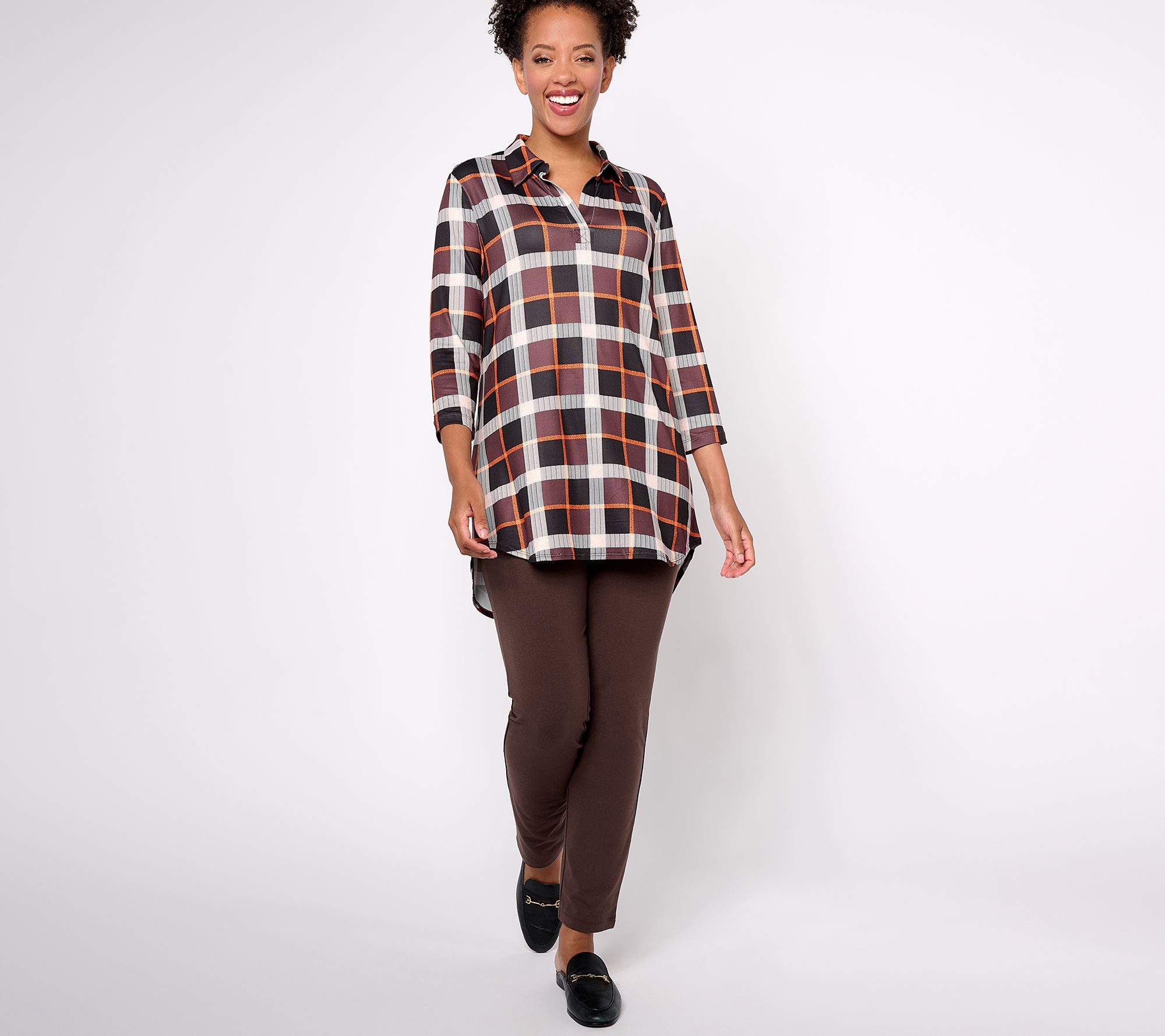 Women with Control Tall Plaid Tunic with Cotton Jersey Pant Set