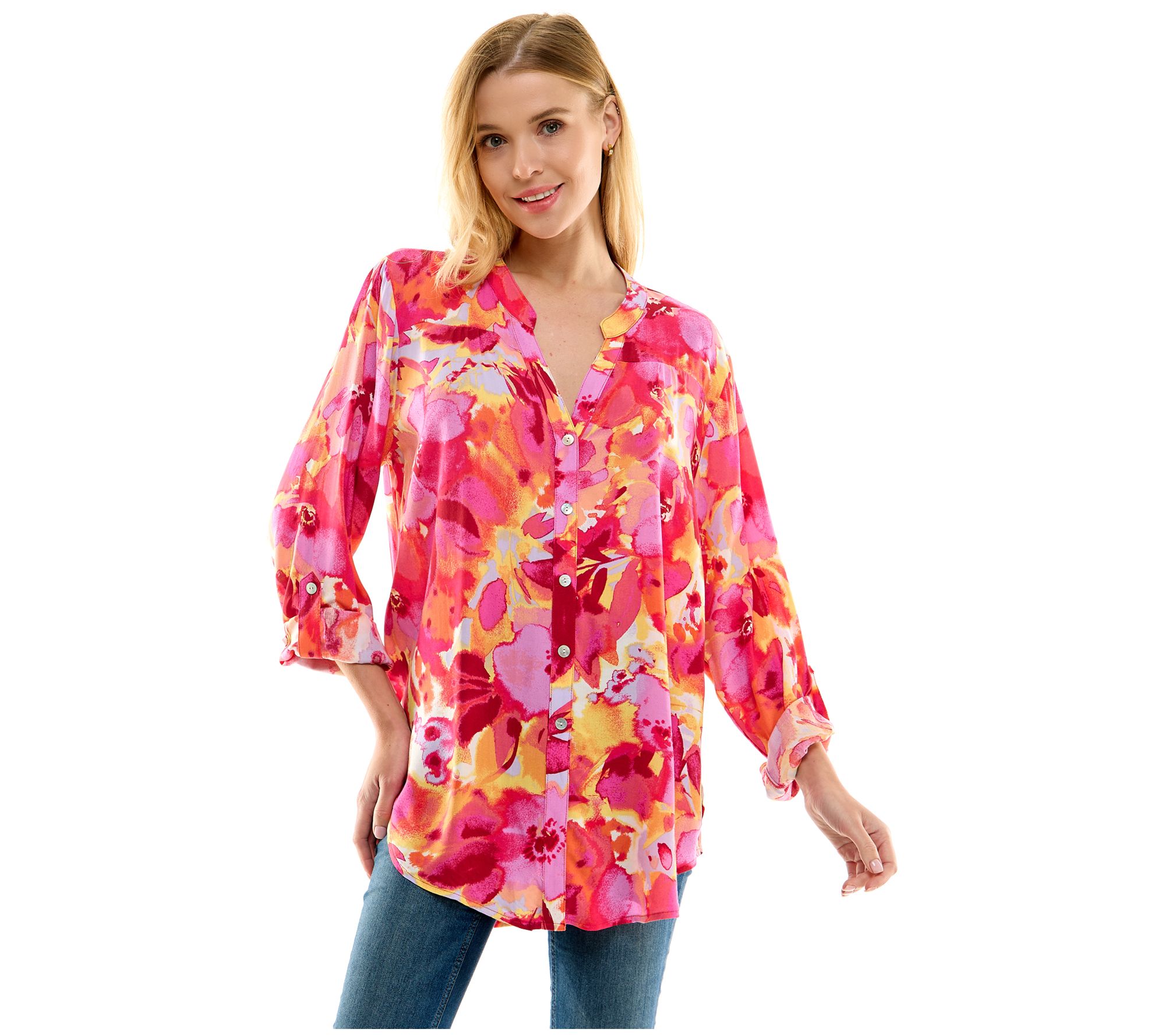 Figueroa & Flower Floral Print Button-Front Blose - Missy - QVC.com