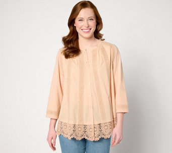 LOGO Lavish by Lori Goldstein Woven Button Front Top with Lace Trim