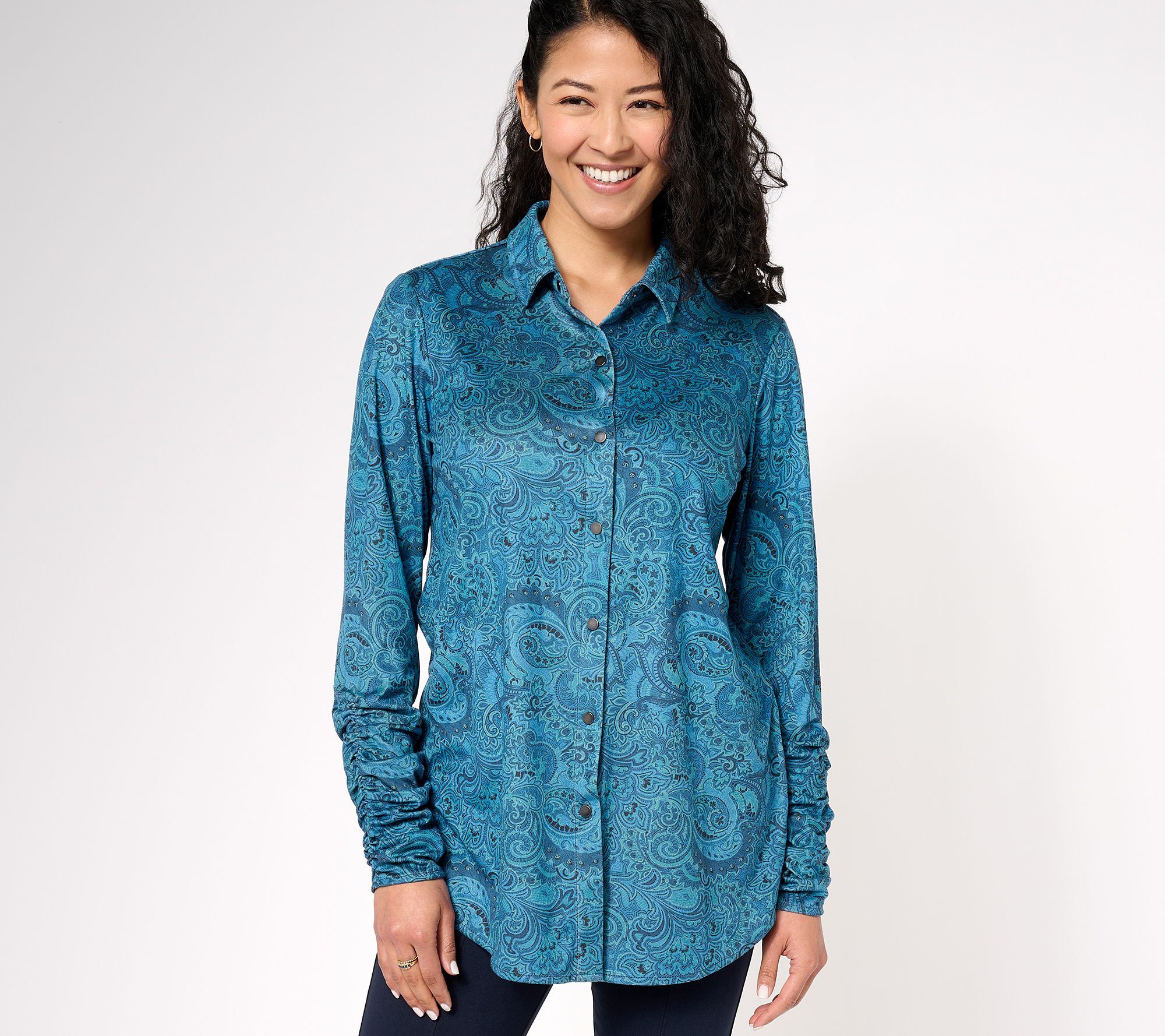 "As Is" Susan Graver Petite Printed Faux Suede Knit Shirt