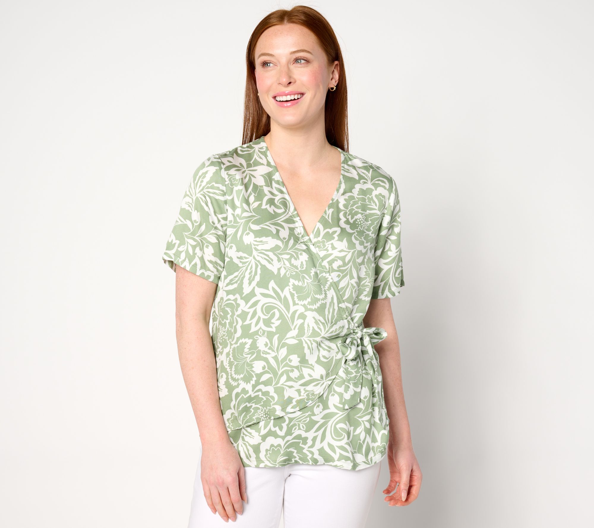 AnyBody Printed Short Sleeve Faux Wrap Woven Top
