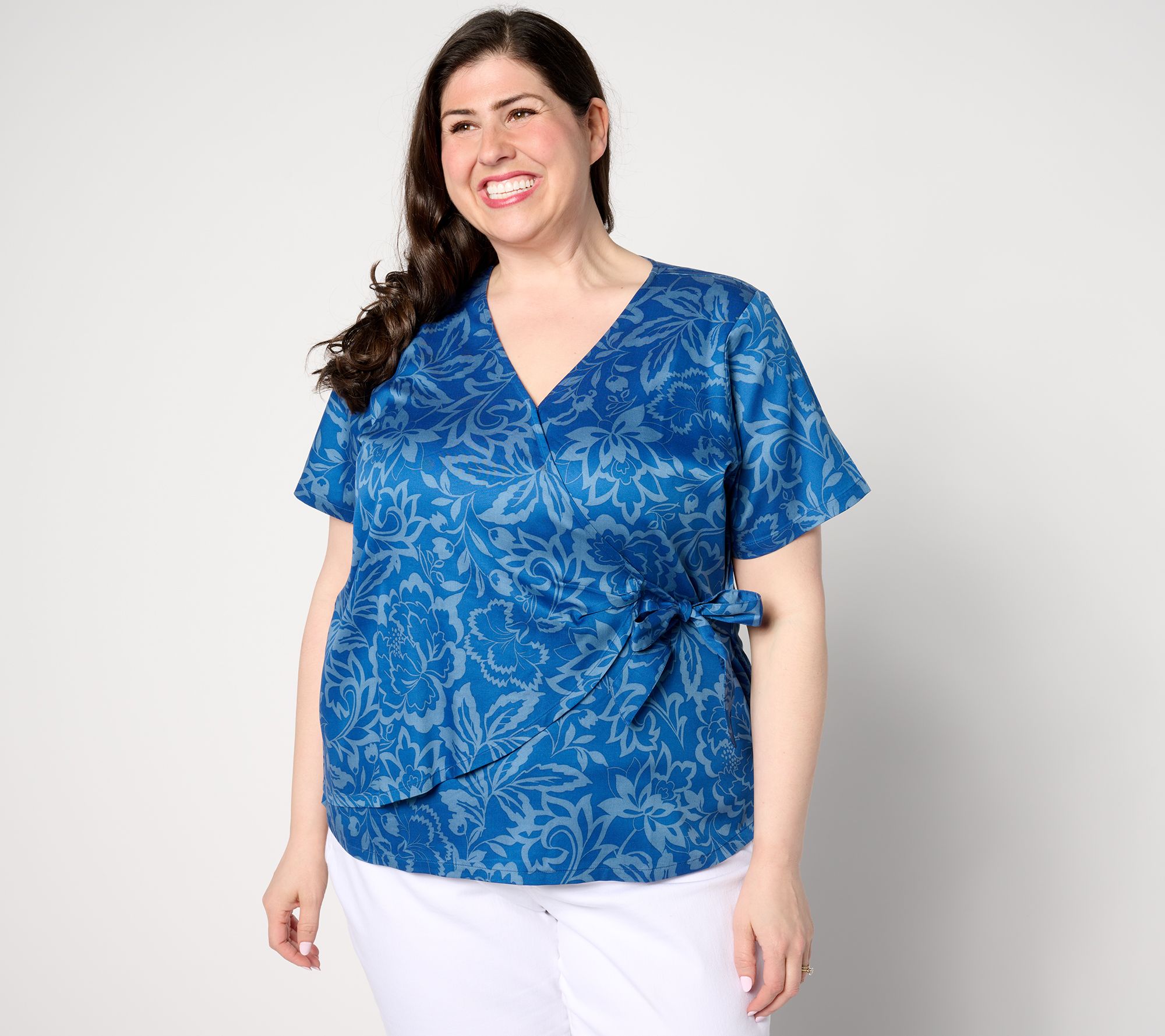 AnyBody Printed Short Sleeve Faux Wrap Woven Top