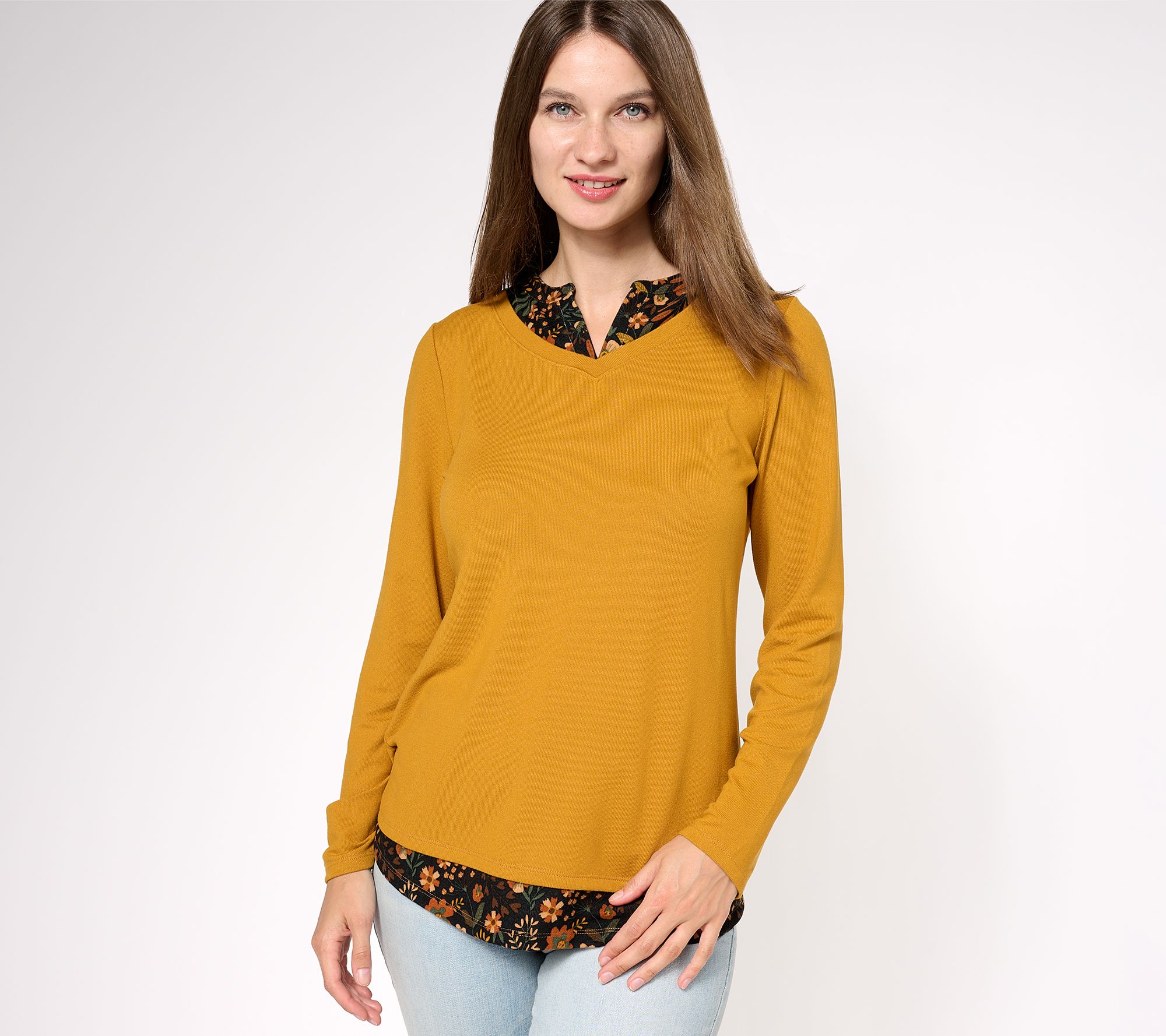 "As Is" Denim & Co. Printed Plaid Heavenly Jersey 2Fer Long Sleeve Top