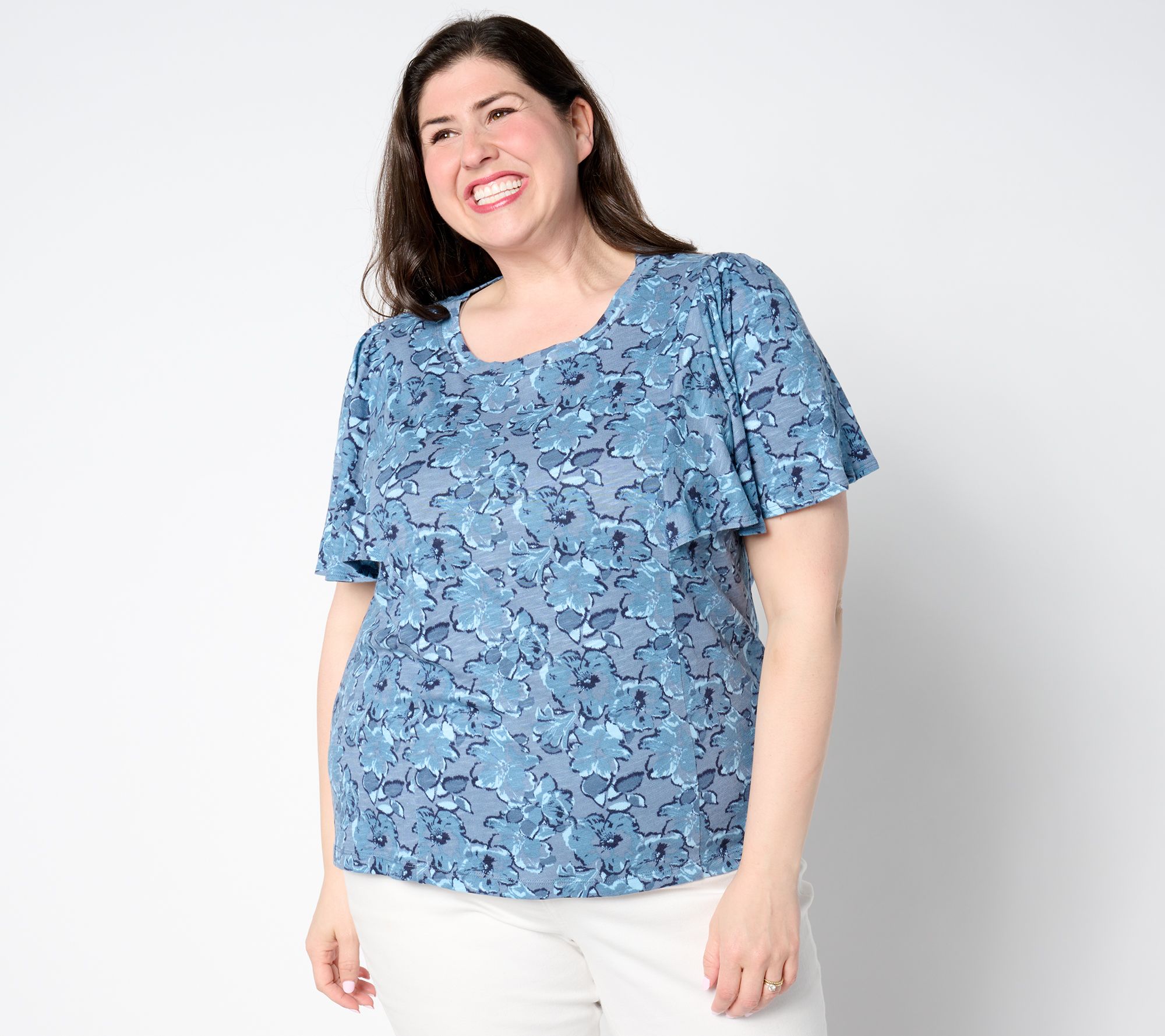 AnyBody Floral Printed Flutter Sleeve Slub Knit Top