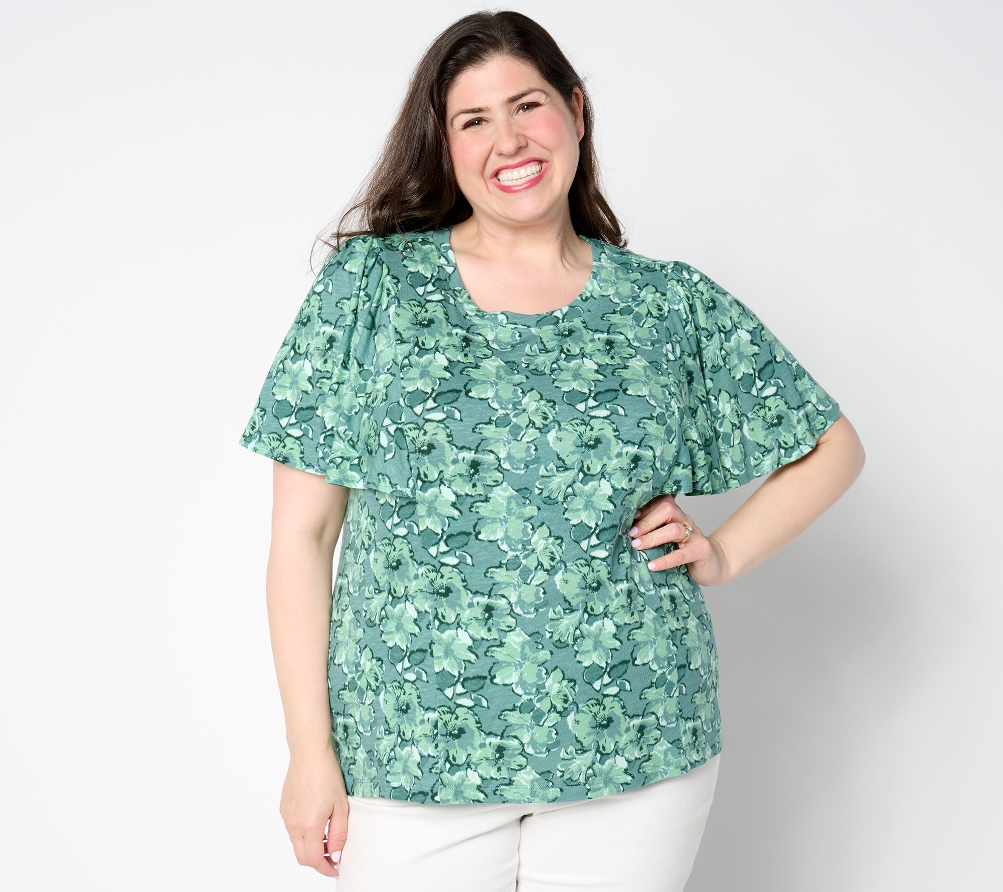 AnyBody Floral Printed Flutter Sleeve Slub Knit Top