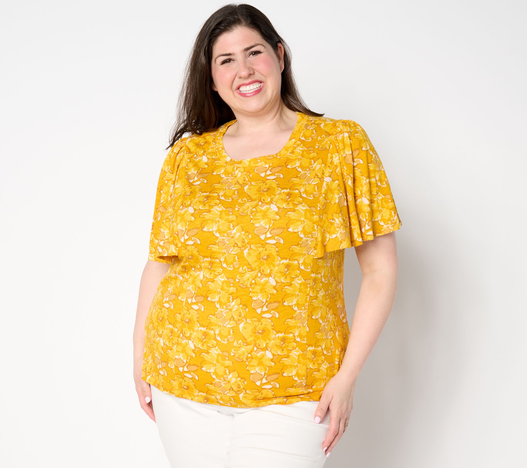 AnyBody Floral Printed Flutter Sleeve Slub Knit Top