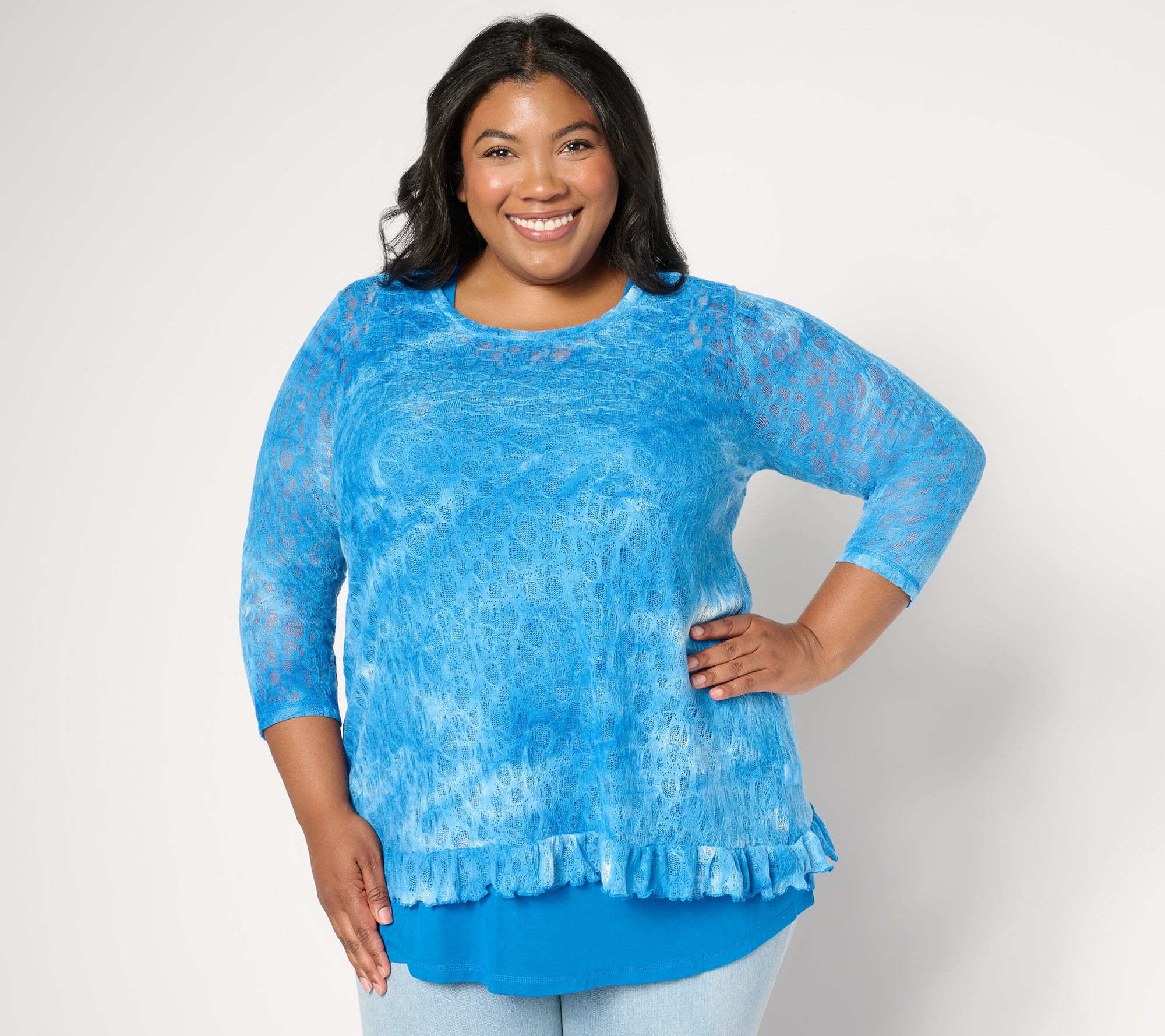 LOGO by Lori Goldstein Fine Lace 3/4-Sleeve Top and Tank Set