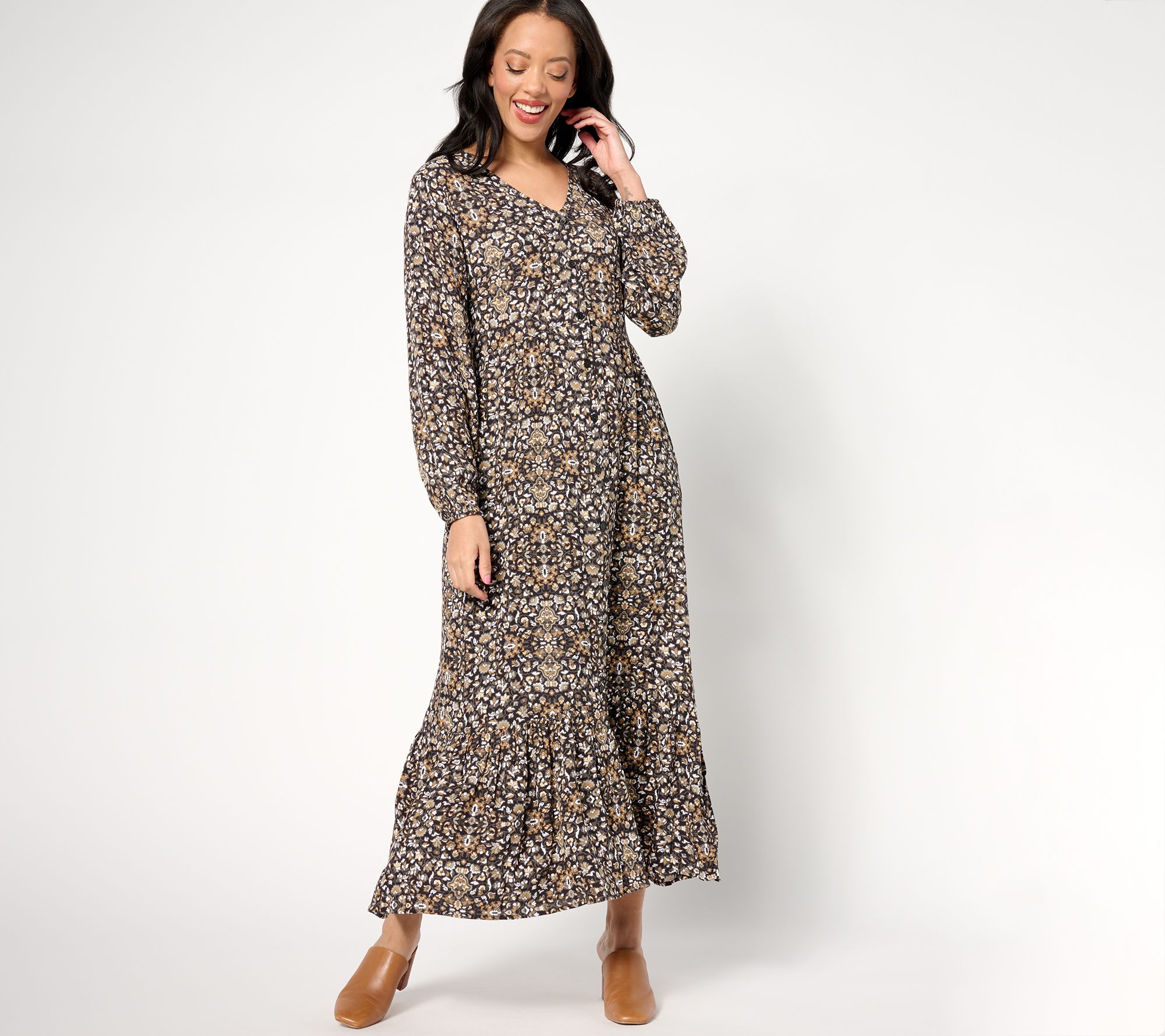 "As Is" Denim & Co. Canyon Retreat Printed Button Front Maxi Dress