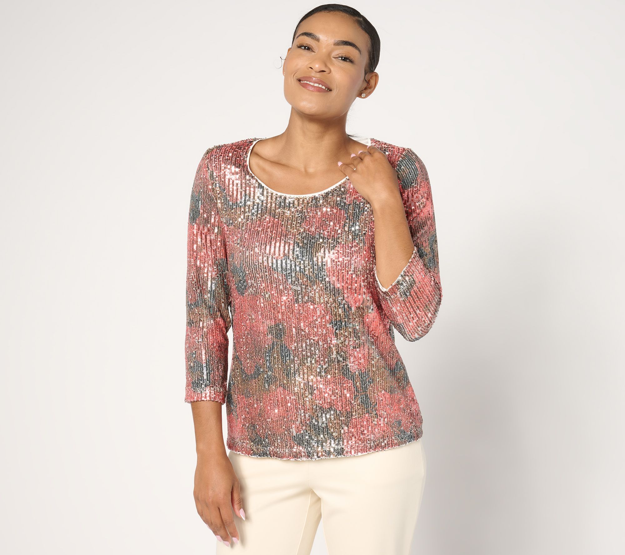 Attitudes by Renee Printed Sequin Top