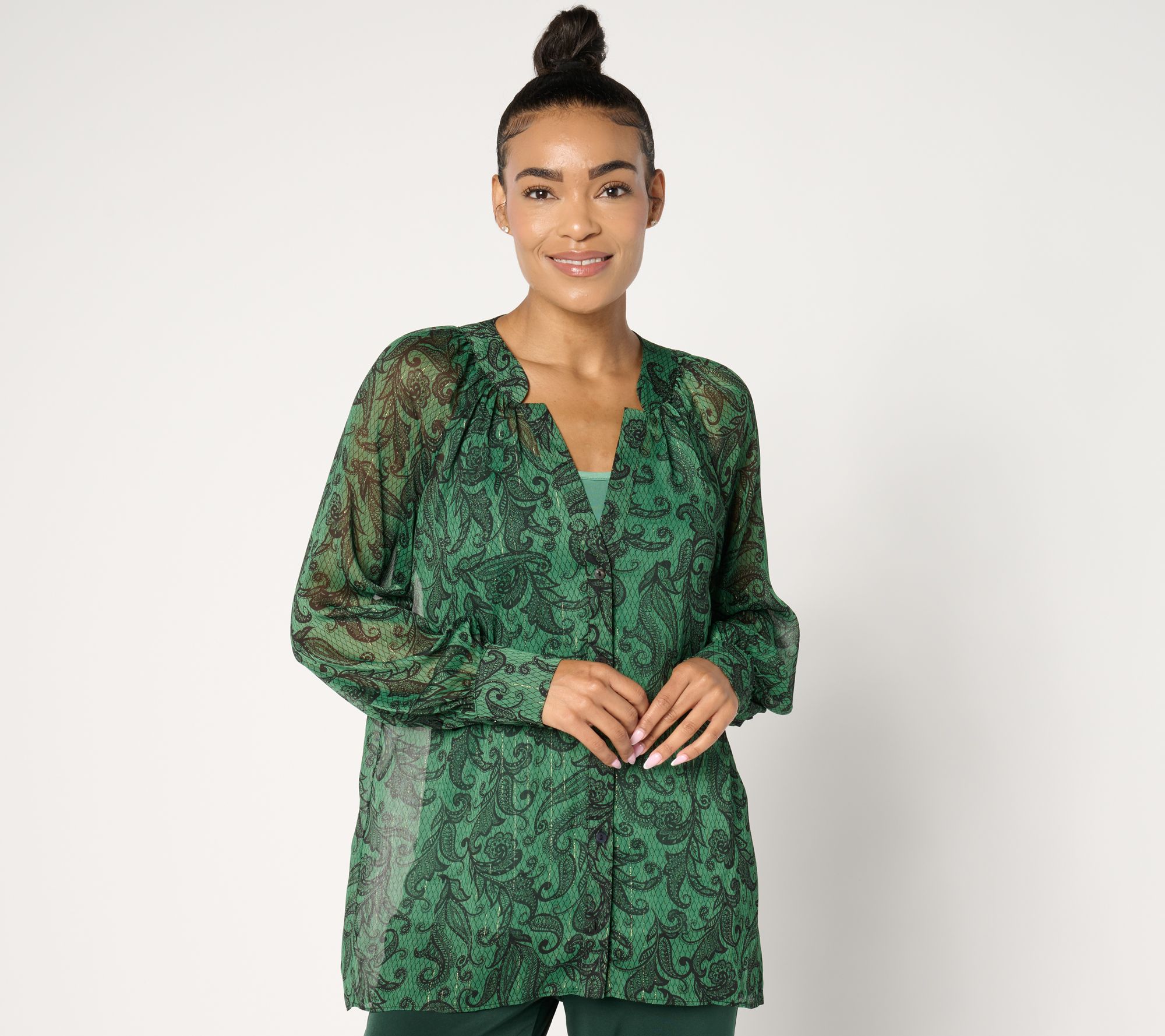 Susan Graver Petite Printed Woven Blouse with Lurex & Knit Cami