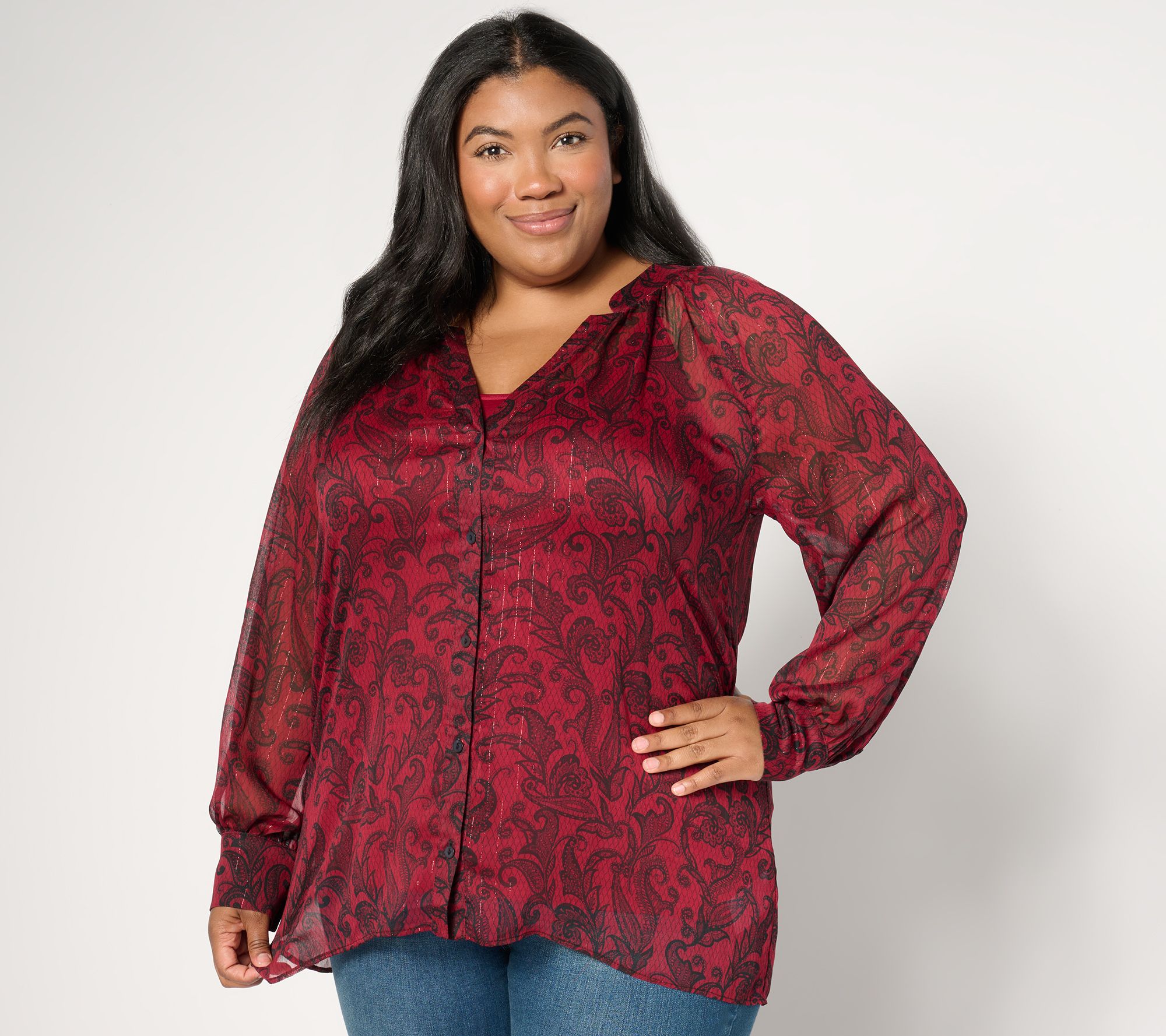 Susan Graver Petite Printed Woven Blouse with Lurex & Knit Cami