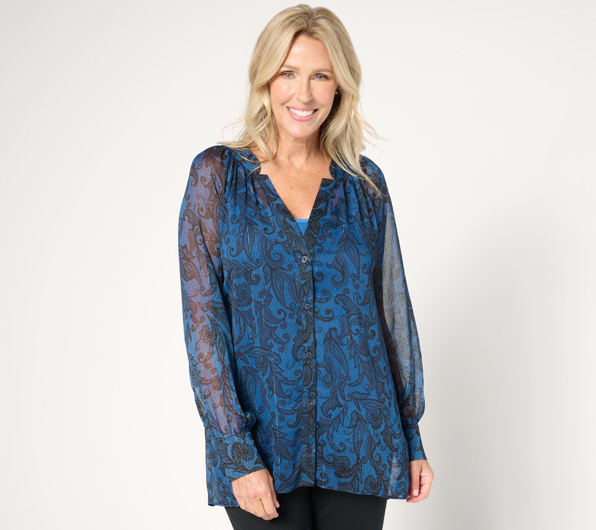 Susan Graver Petite Printed Woven Blouse with Lurex & Knit Cami