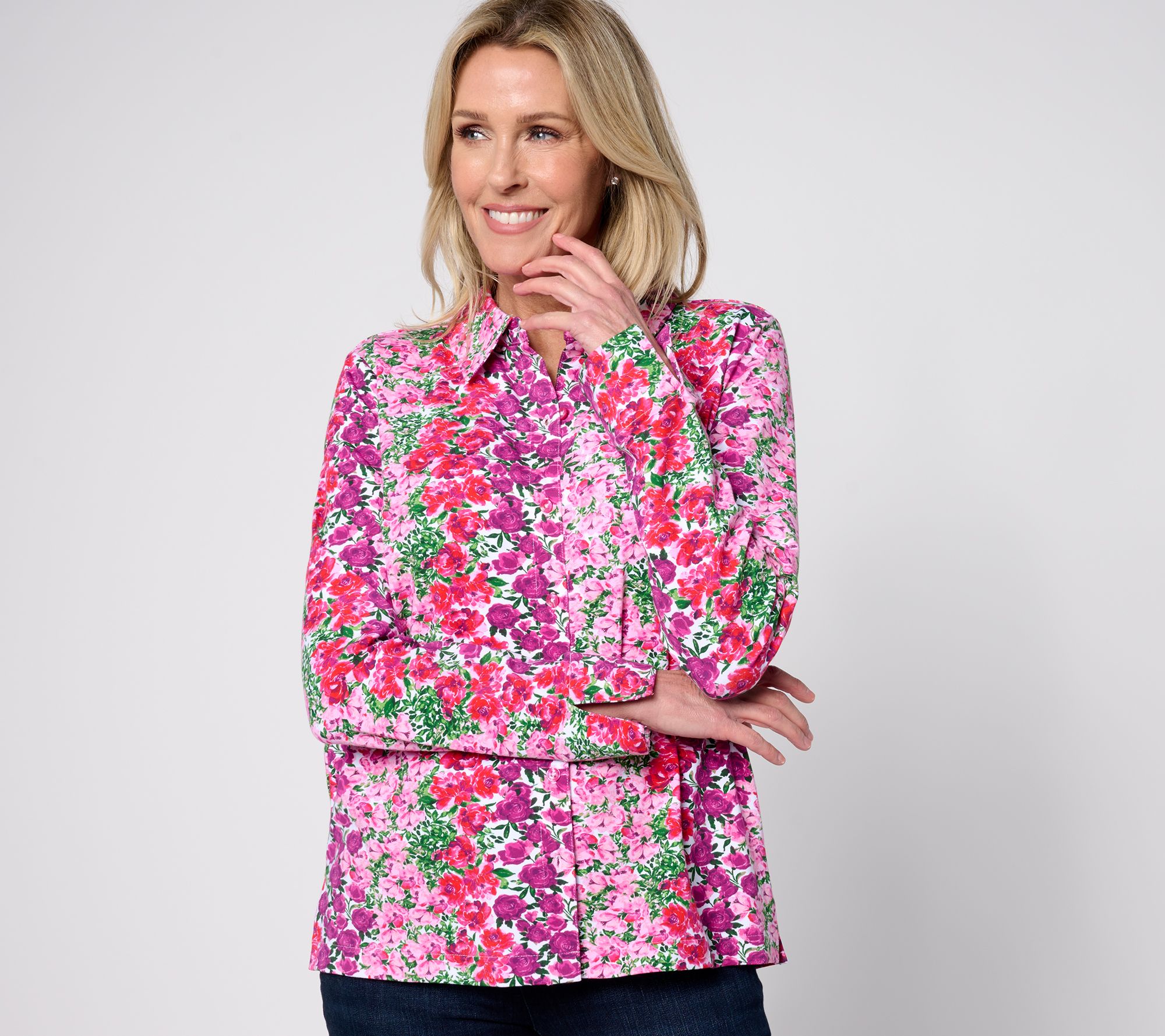 "As Is" Isaac Mizrahi Live! Floral Printed Button-Front Knit Shirt
