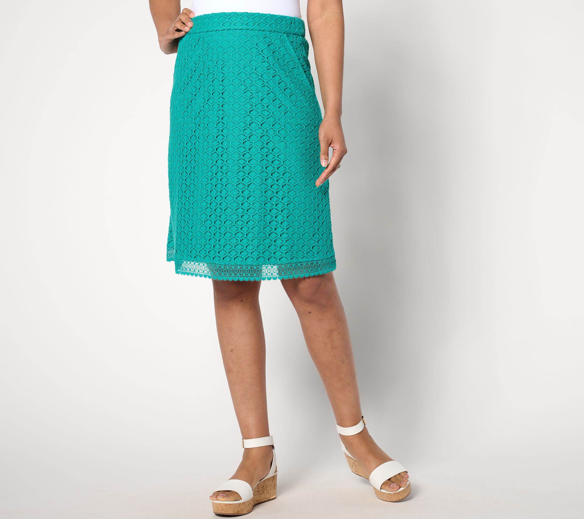"As Is" Isaac Mizrahi Live! Tall Crochet Knit Pull On Knee Skirt