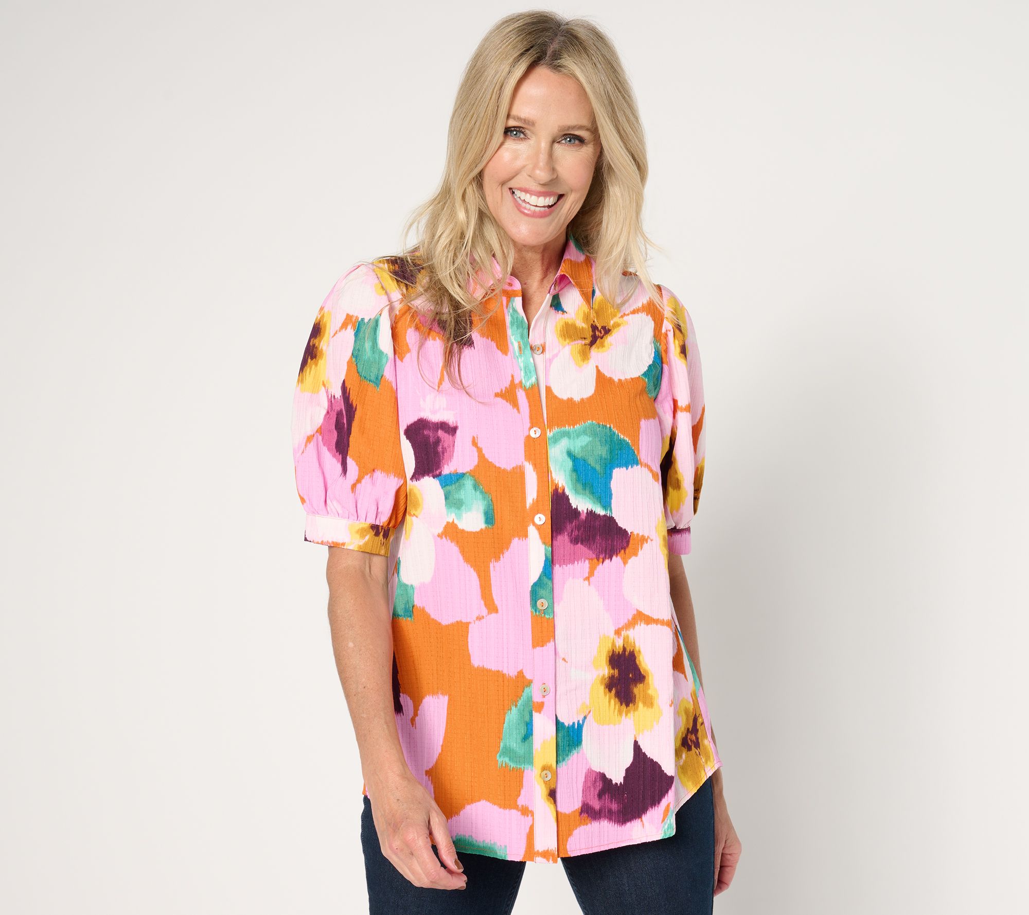 Susan Graver Regular Printed Woven Button Front Tunic