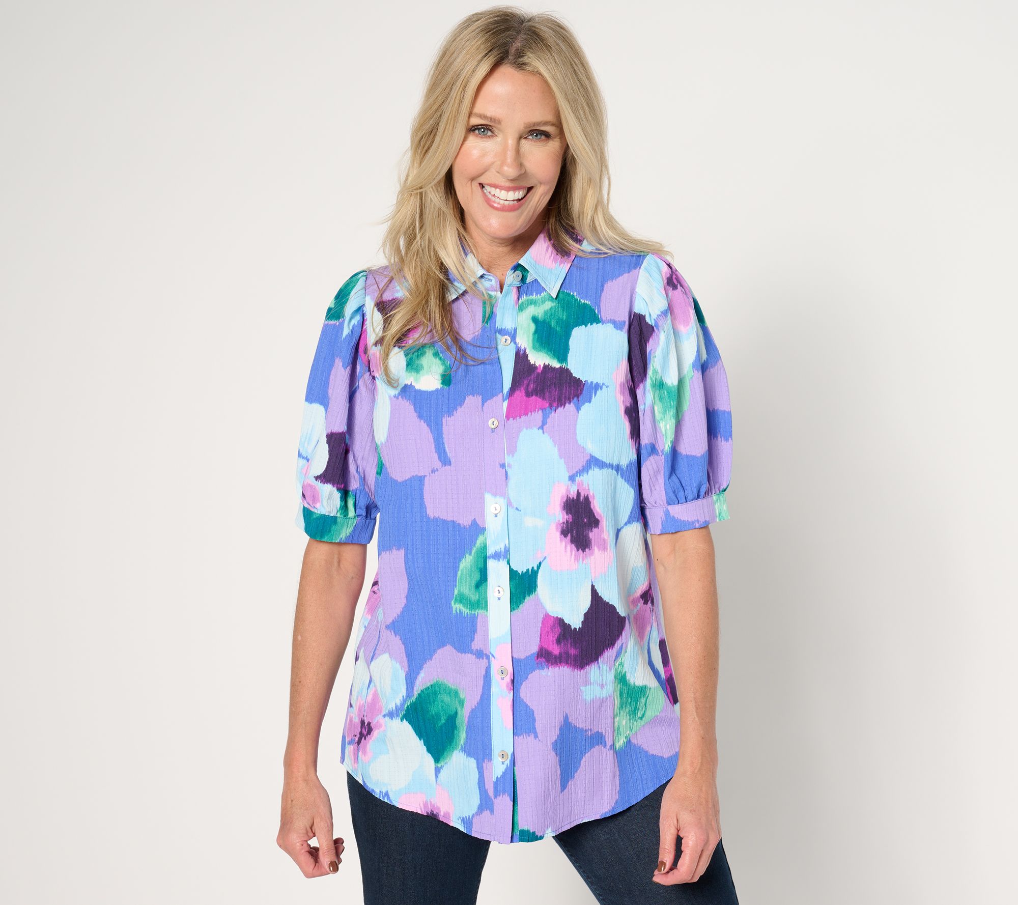 Susan Graver Regular Printed Woven Button Front Tunic
