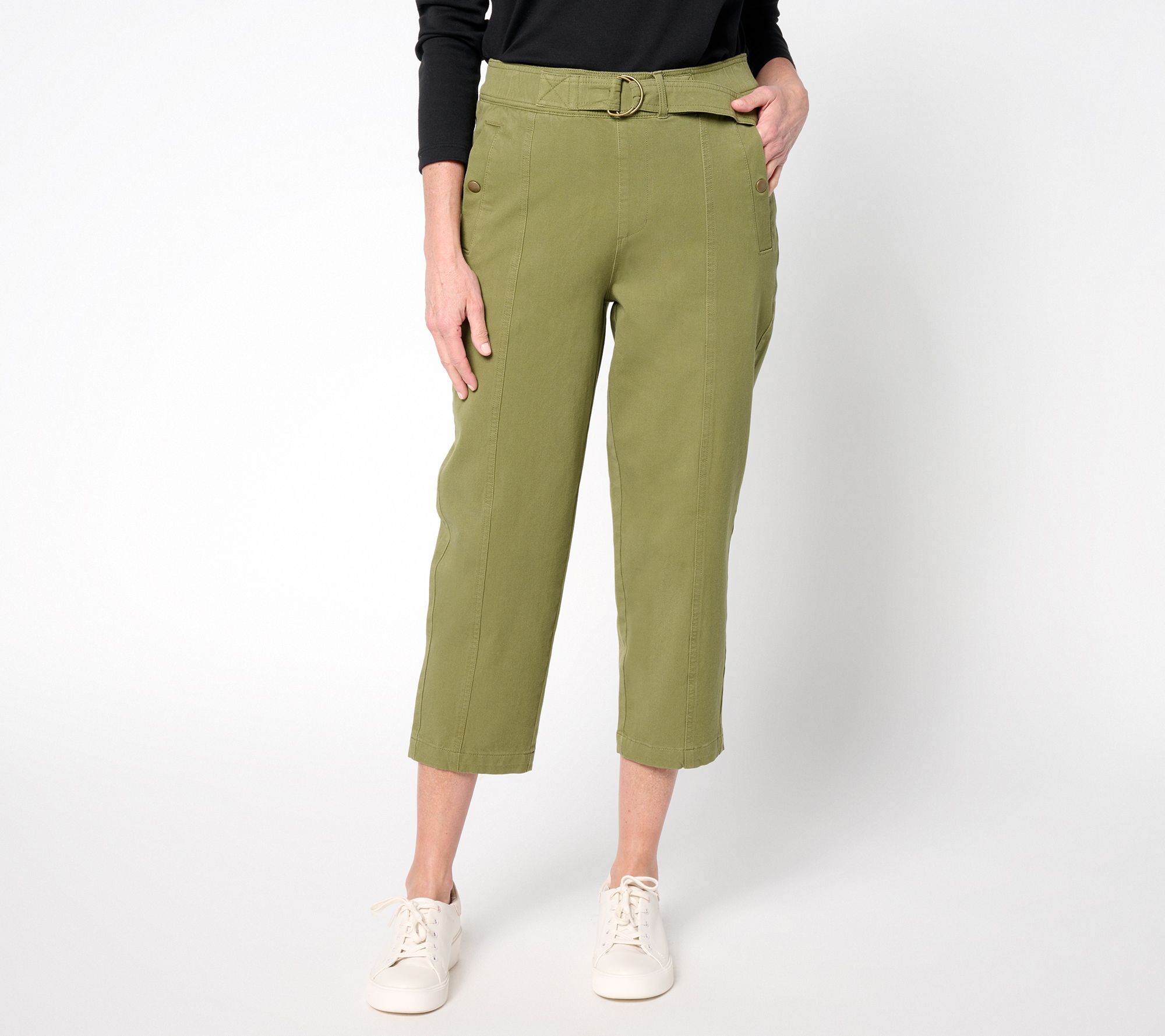 AnyBody Petite All-Stretch Twill Tapered Pants with Faux D-Ring Belt