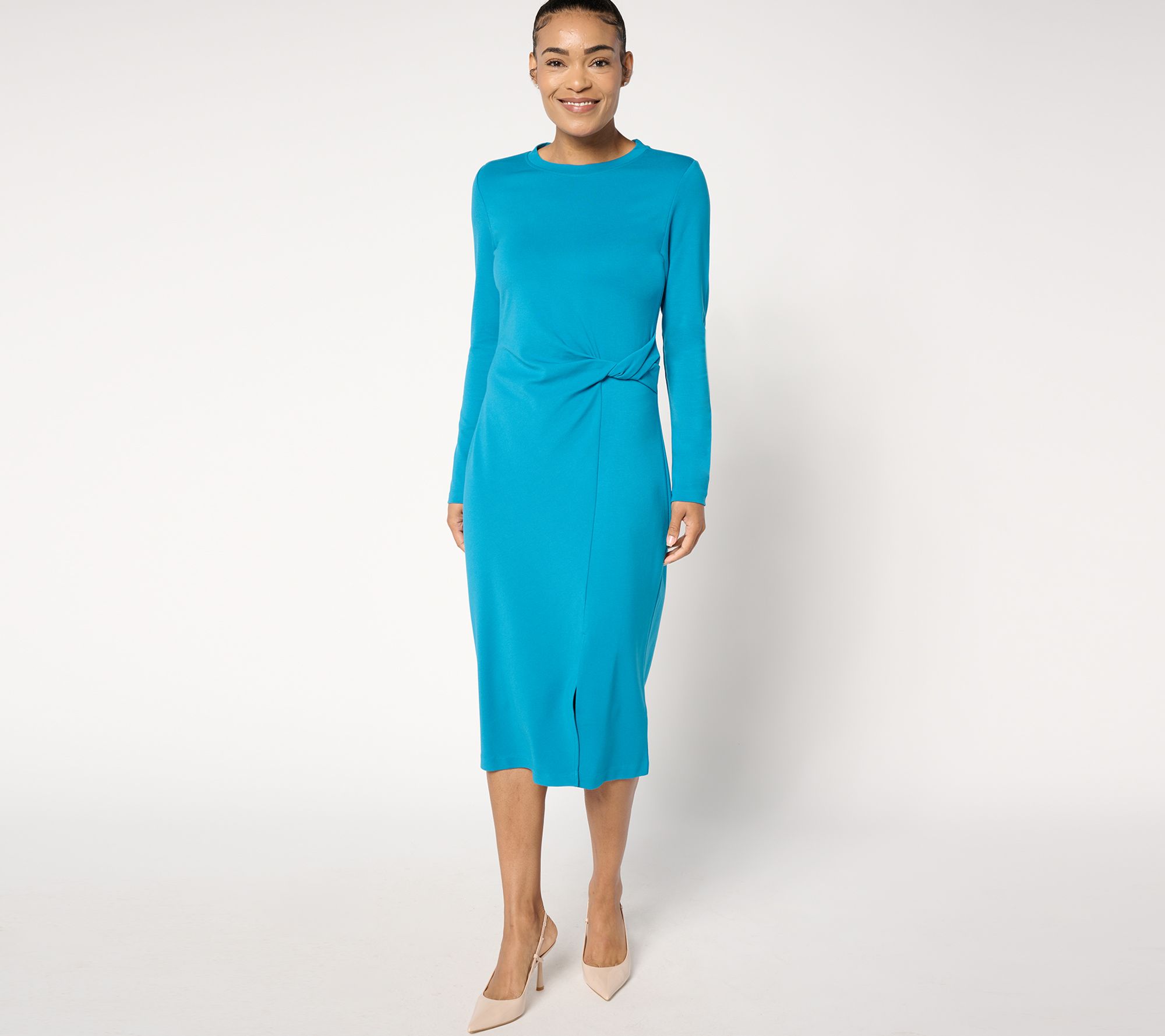 "As Is" Isaac Mizrahi Live! Petite Luxe Ponte Long Slv Midi Dress