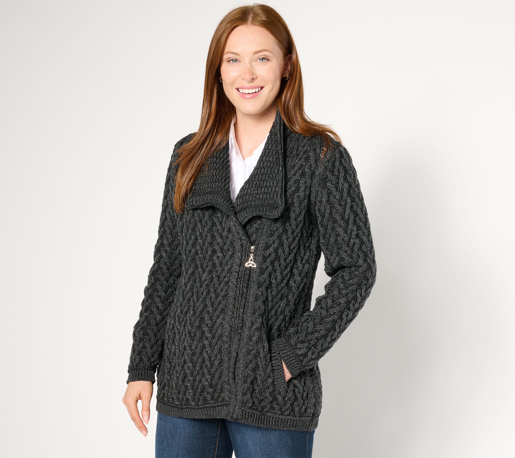 "As Is" Aran Crafts Merino Wool Asymmetrical Sweater Cardi