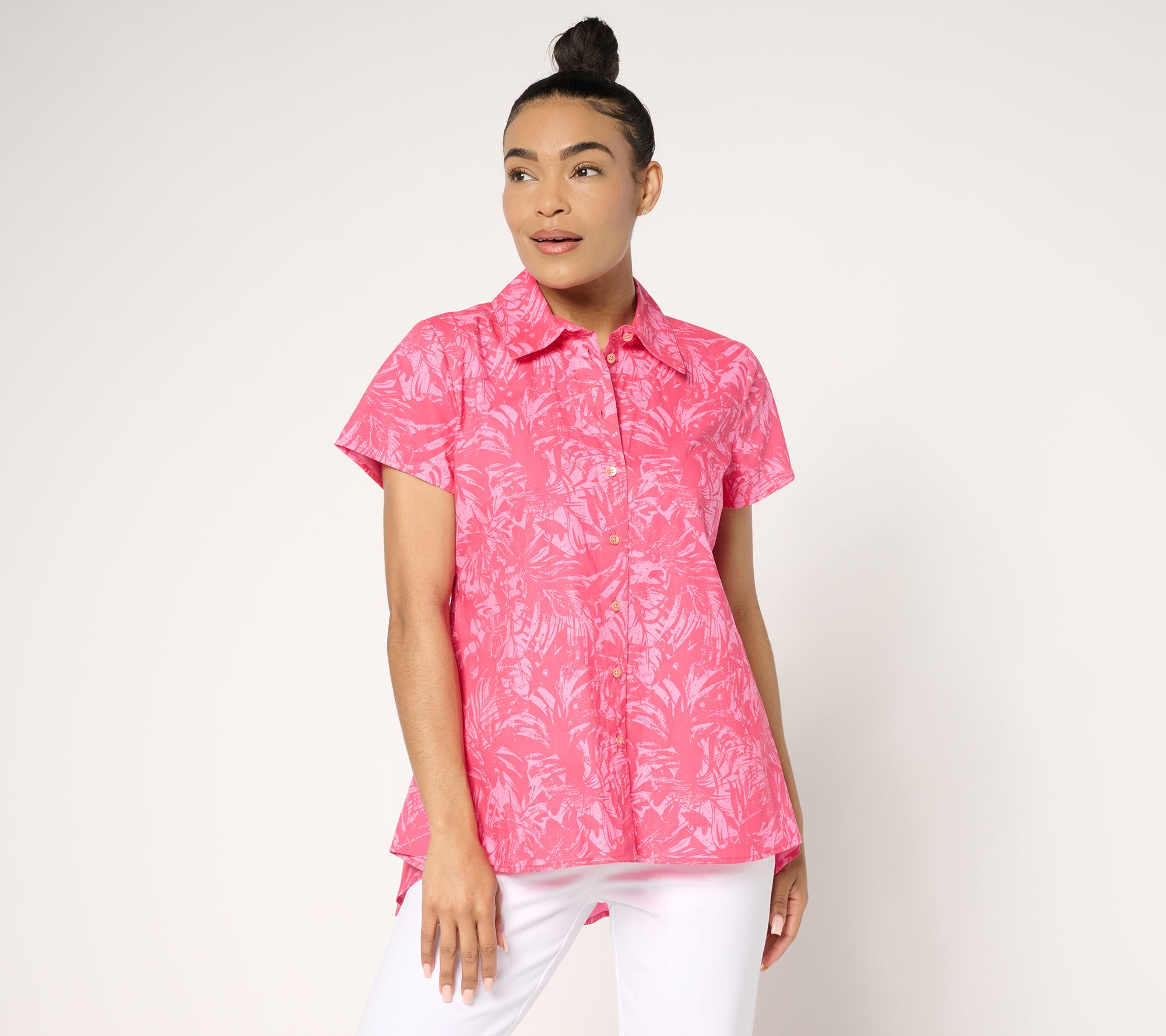 Attitudes by Renee Printed Poplin Button Front Shirt