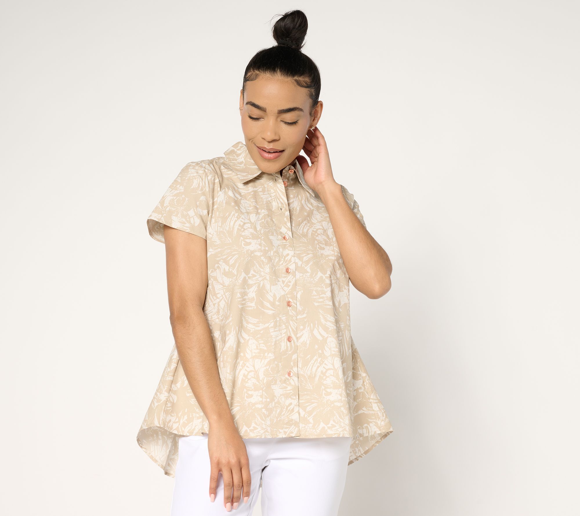 Attitudes by Renee Printed Poplin Button Front Shirt