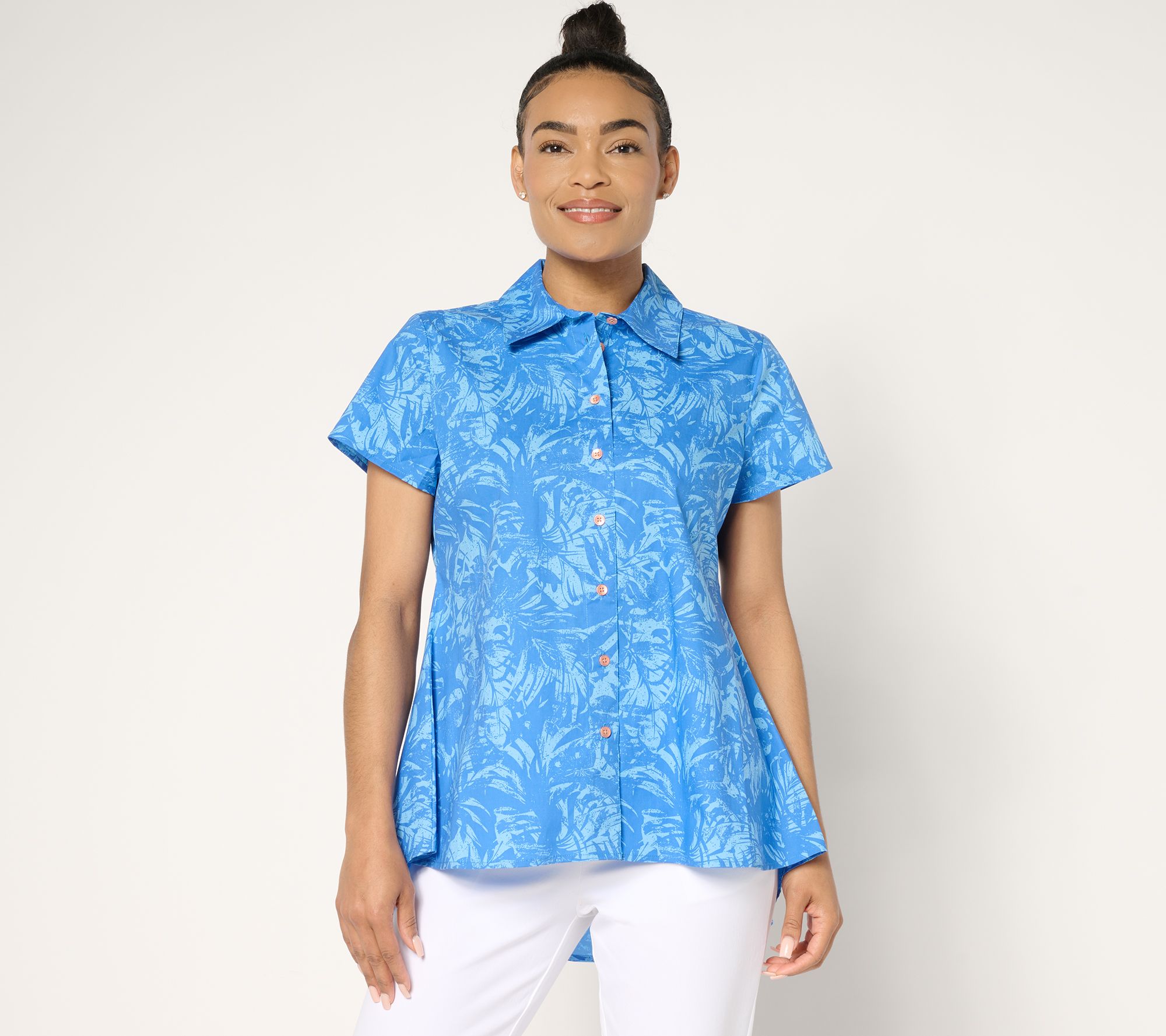 Attitudes by Renee Printed Poplin Button Front Shirt