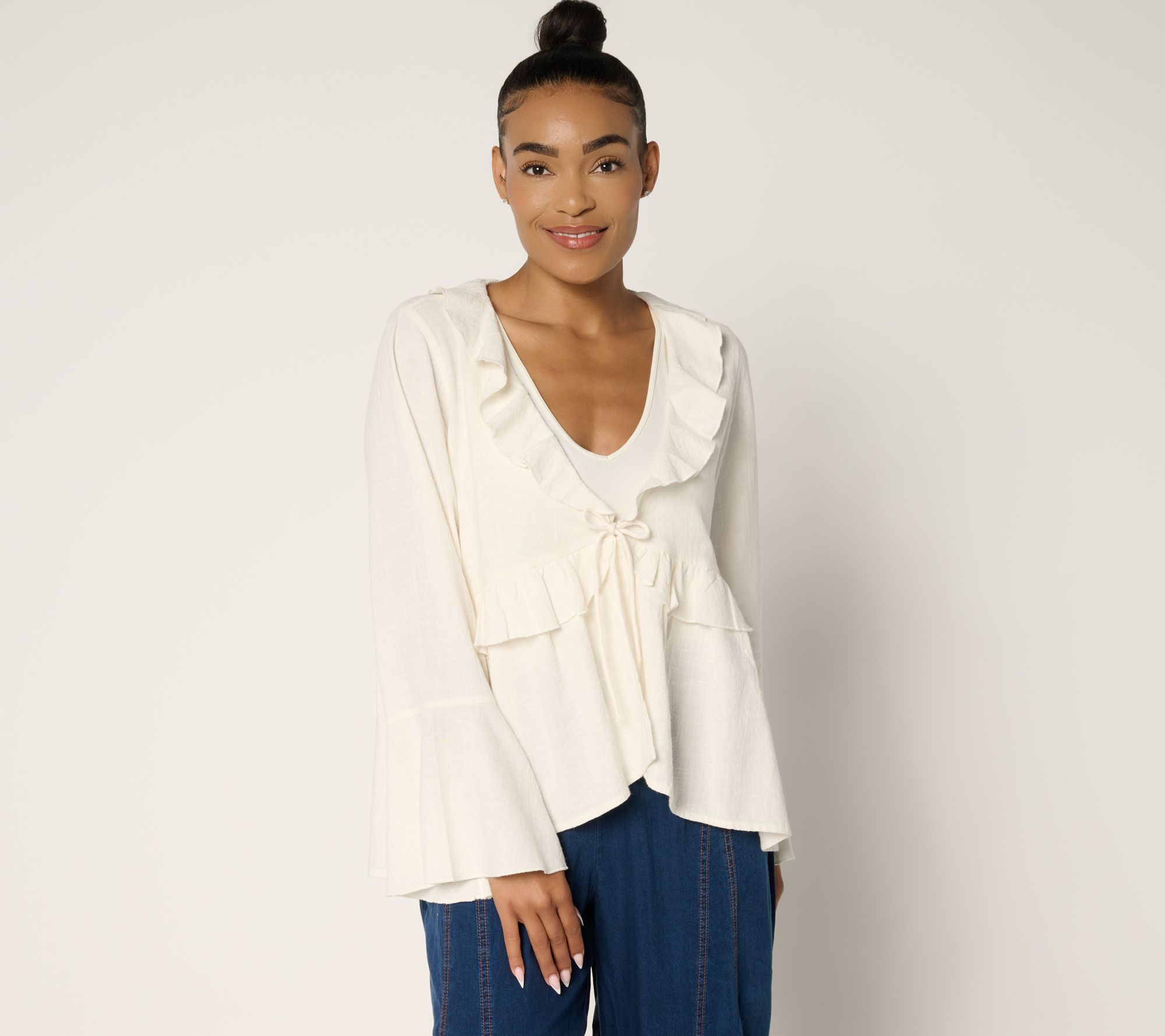 Peace Love World Boheme Ruffle 100% Cotton Long Sleeve Topper