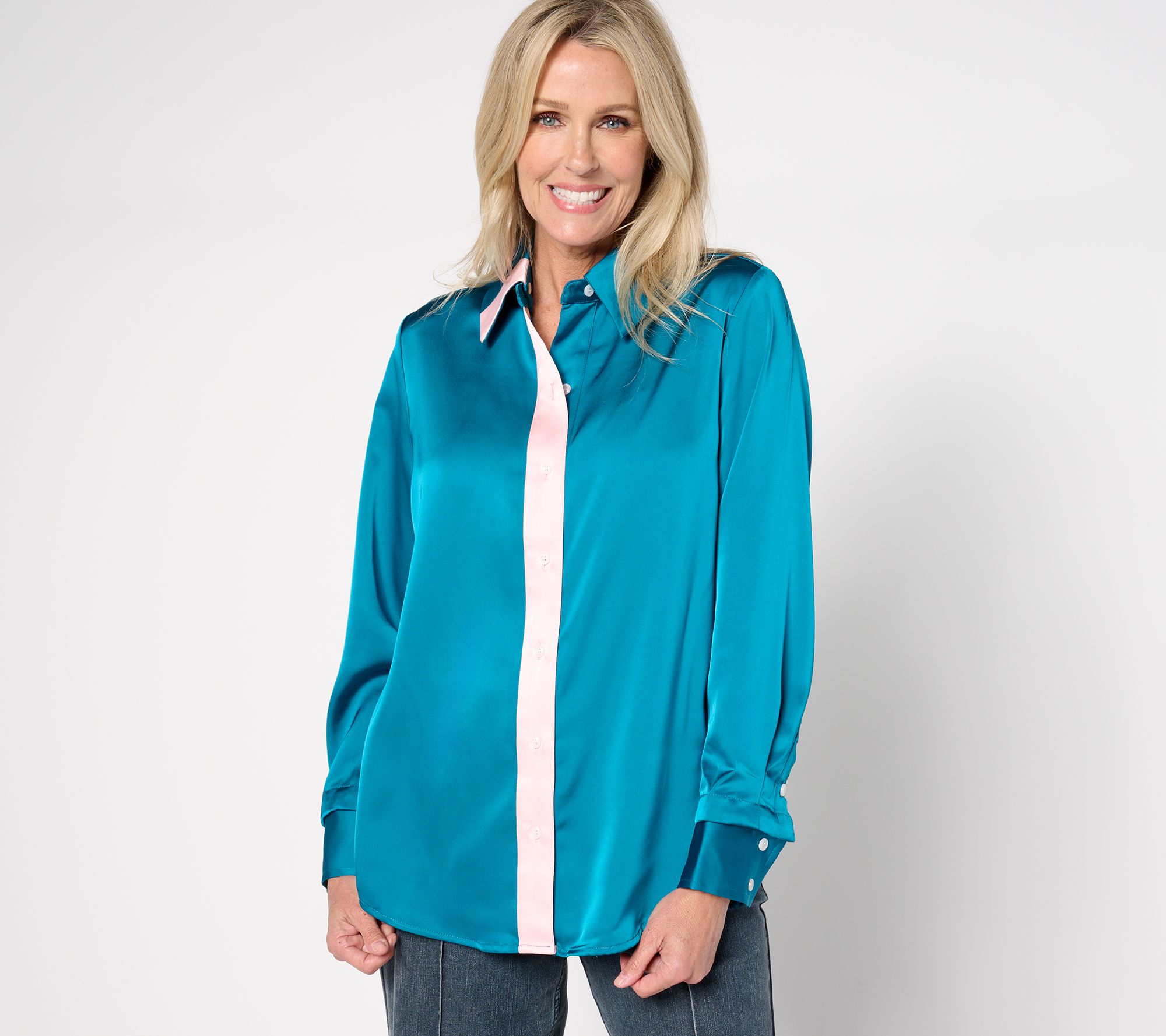 "As Is" by Stacy London Core Satin Contrast Placket Top