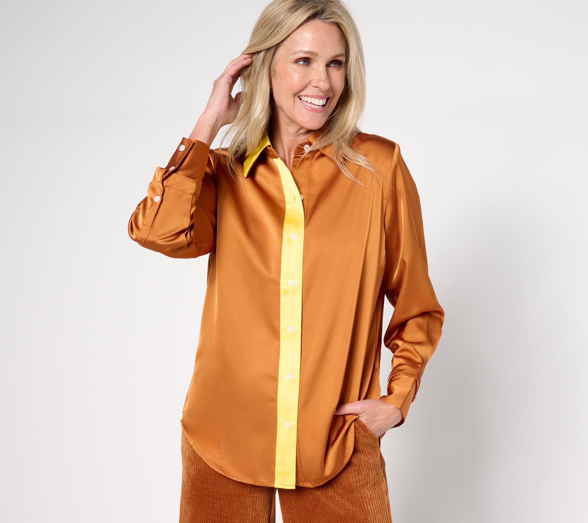 "As Is" by Stacy London Core Satin Contrast Placket Top