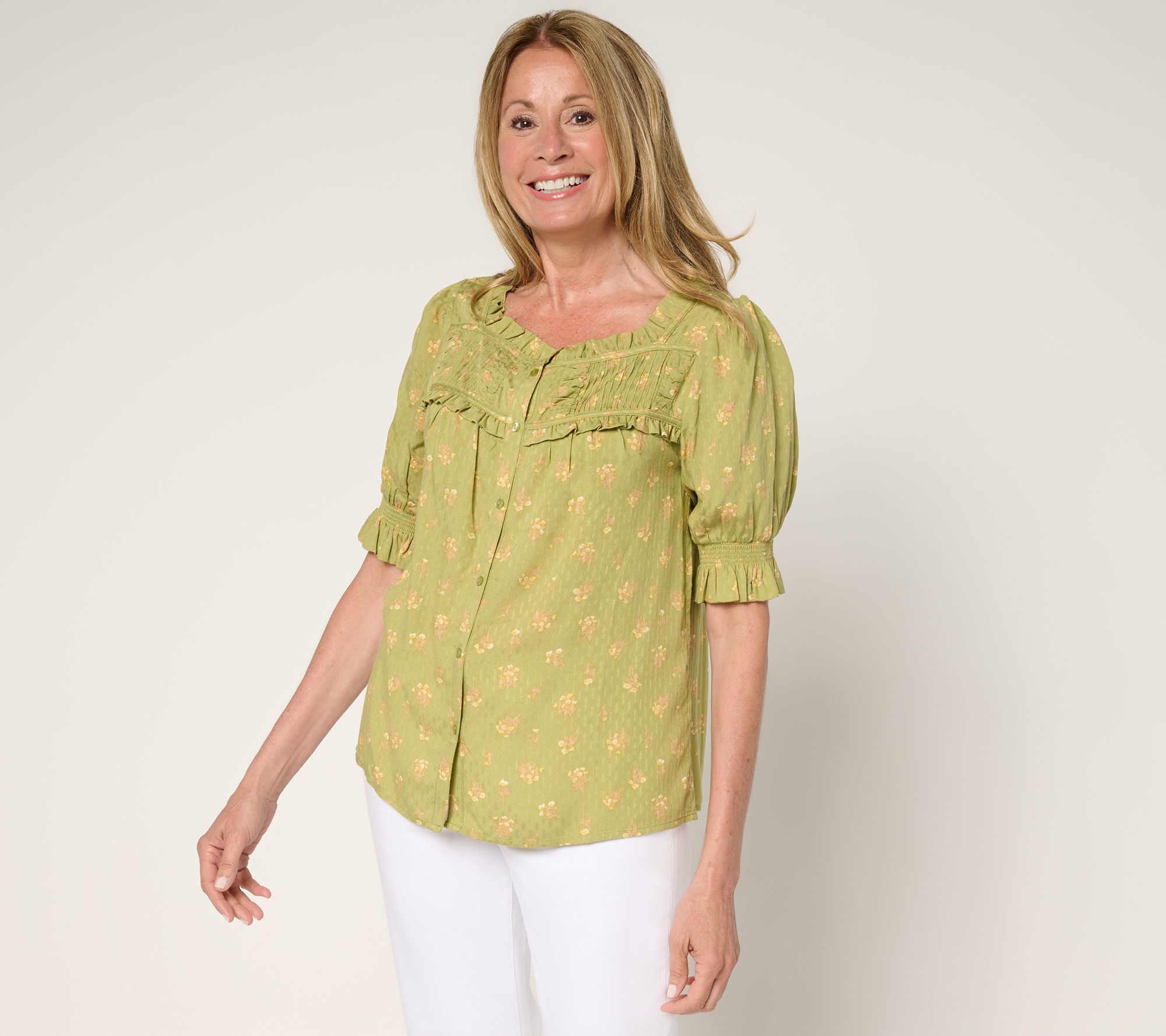 Me by Jennie Garth Marigold Printed Blouse with Puff Sleeve