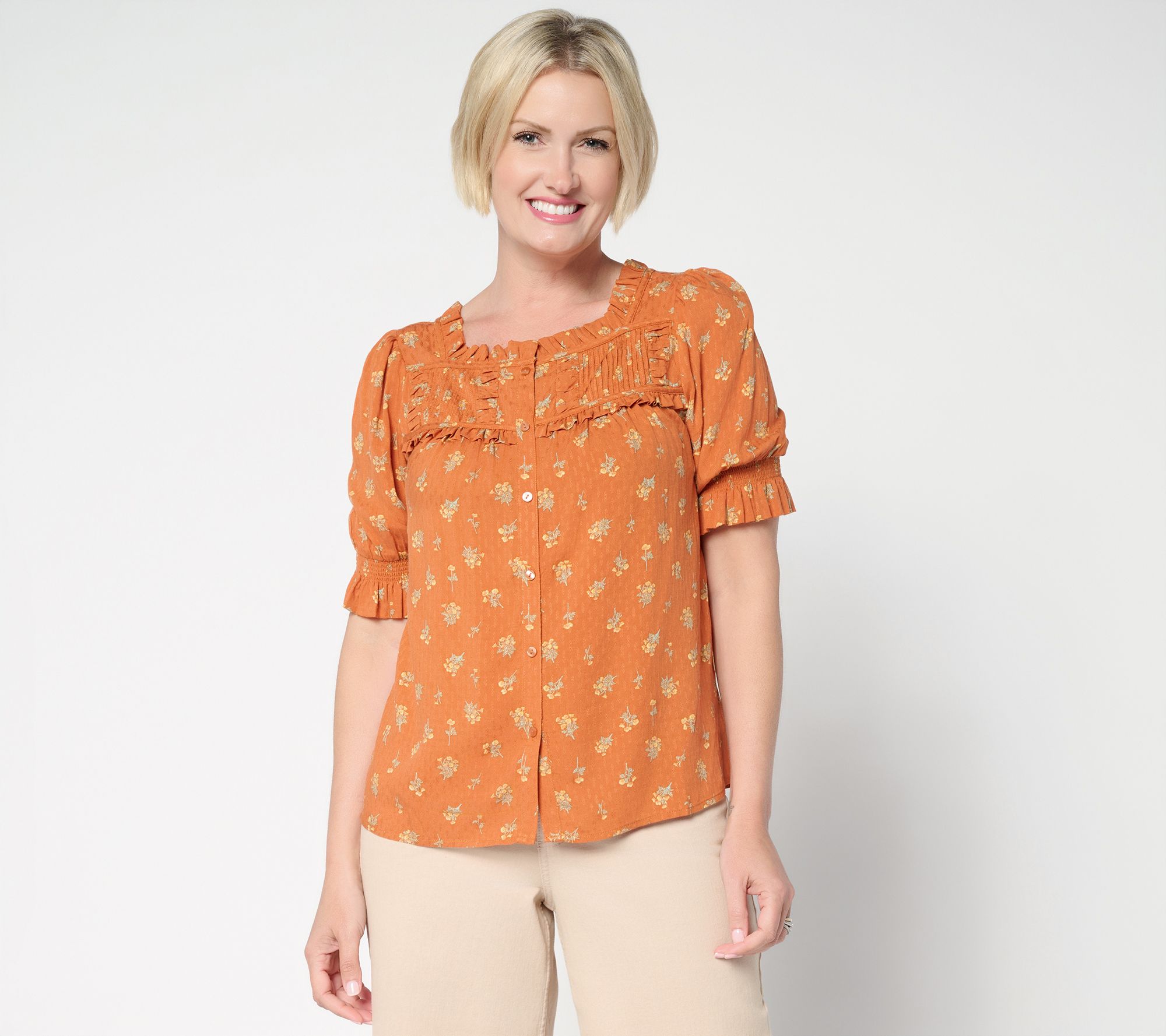 Me by Jennie Garth Marigold Printed Blouse with Puff Sleeve