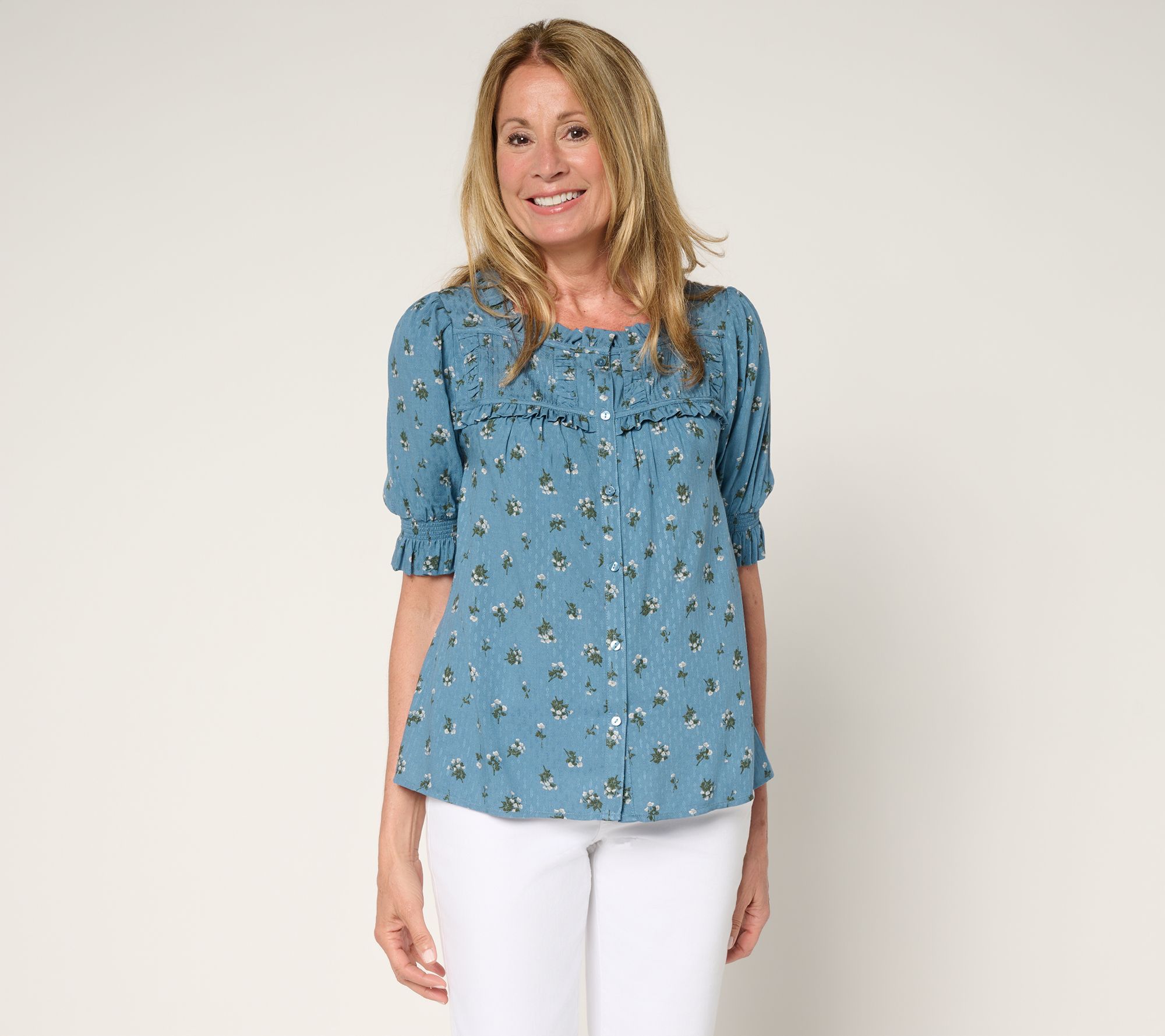 Me by Jennie Garth Marigold Printed Blouse with Puff Sleeve