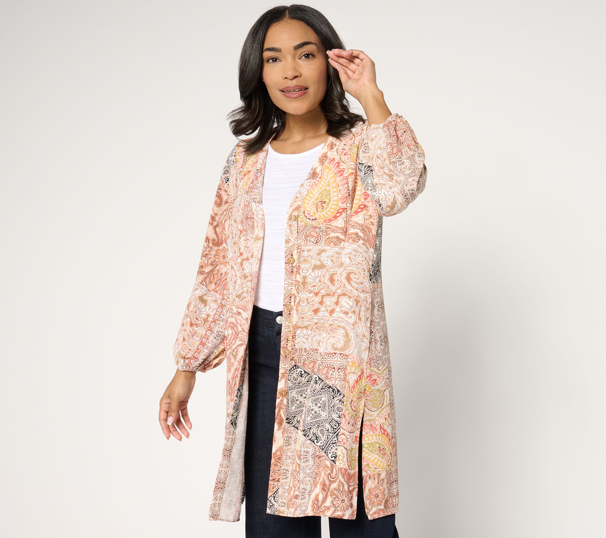 "As Is" Susan Graver Passport Petite Printed St Tropez Woven Duster