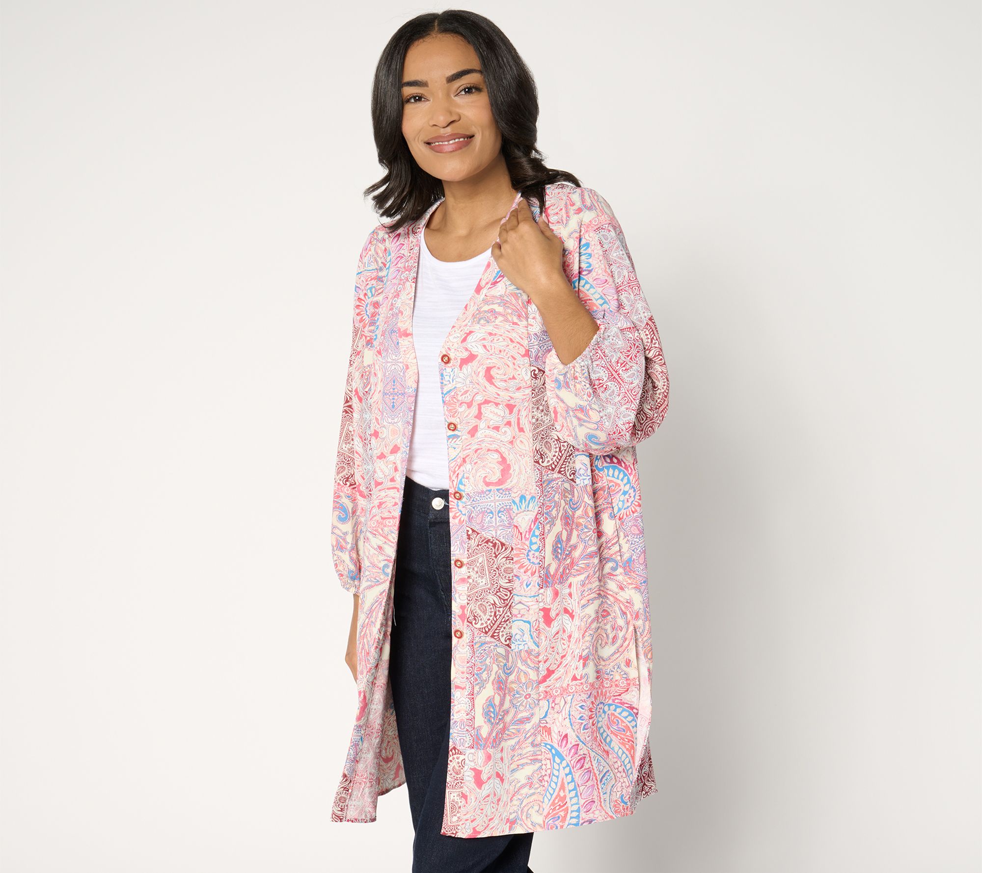 "As Is" Susan Graver Passport Petite Printed St Tropez Woven Duster
