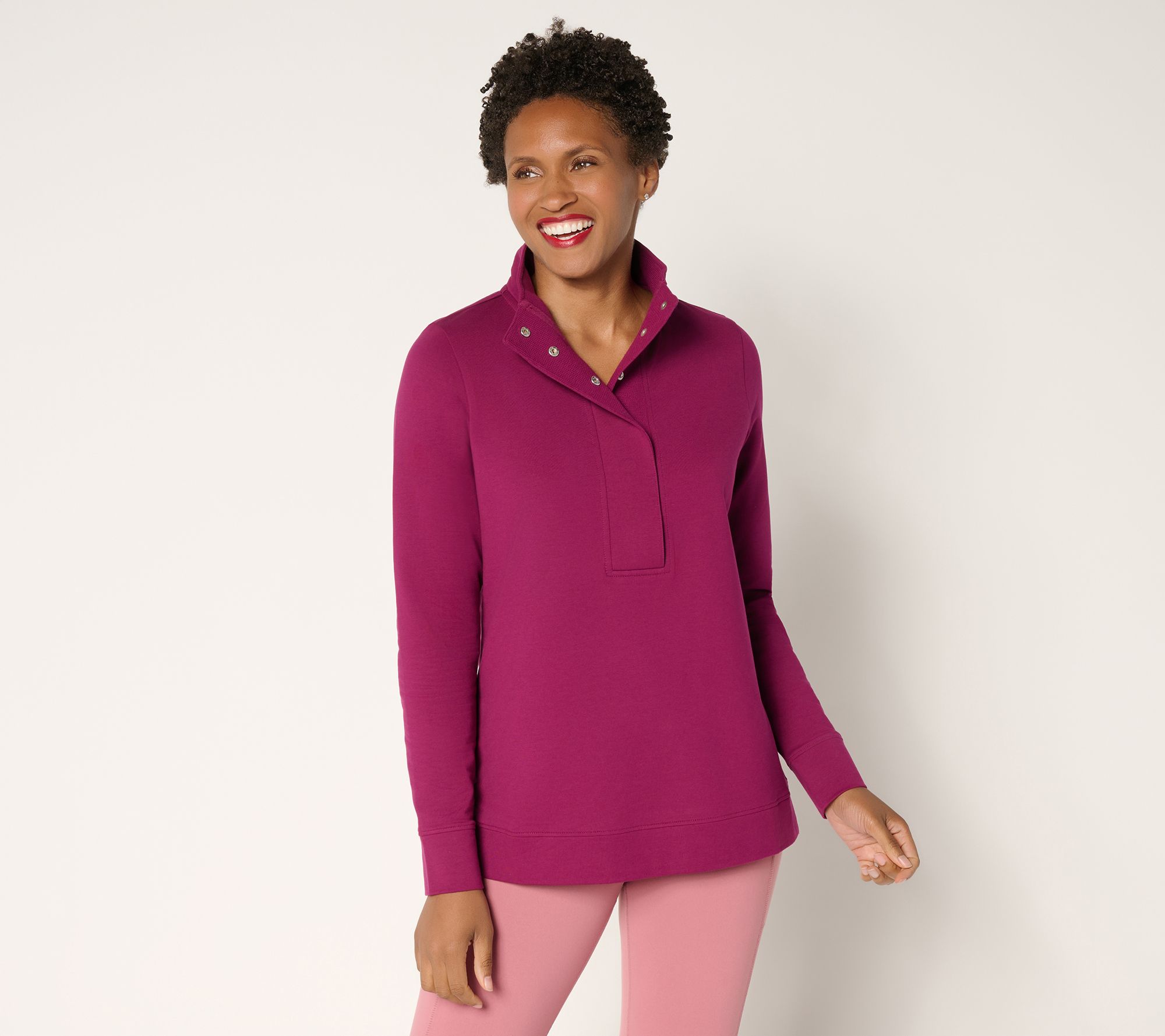 Denim & Co. Active French Terry Snap Top with Waffle Collar