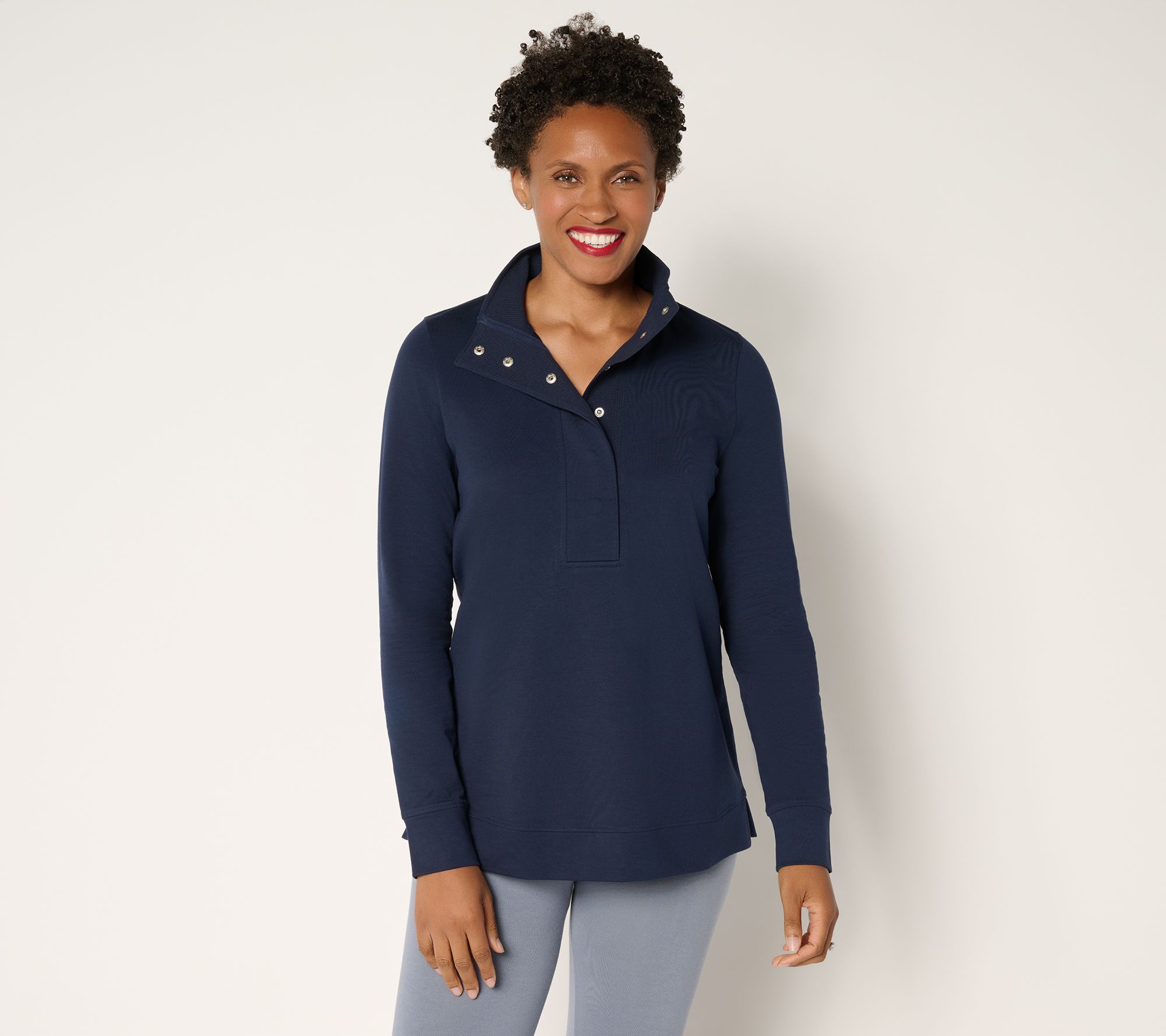 Denim & Co. Active French Terry Snap Top with Waffle Collar
