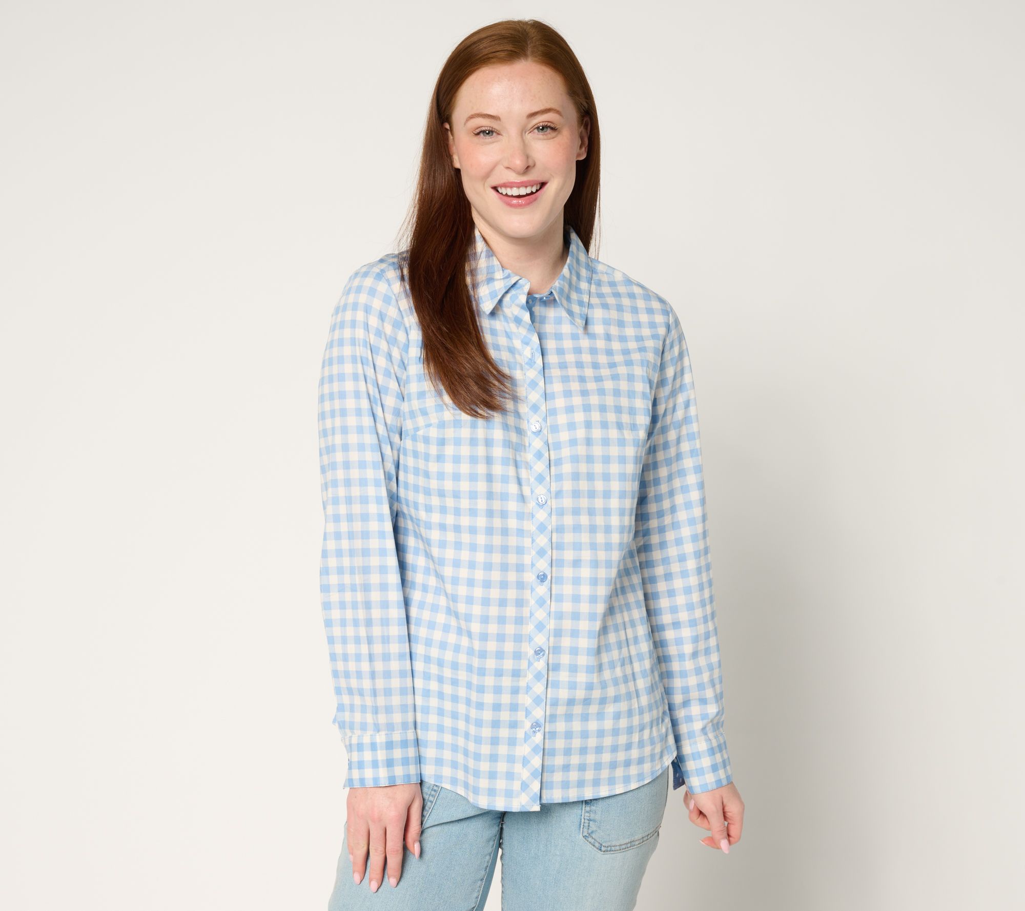 "As Is" Denim & Co. Gingham Poplin Top with Contrast Print
