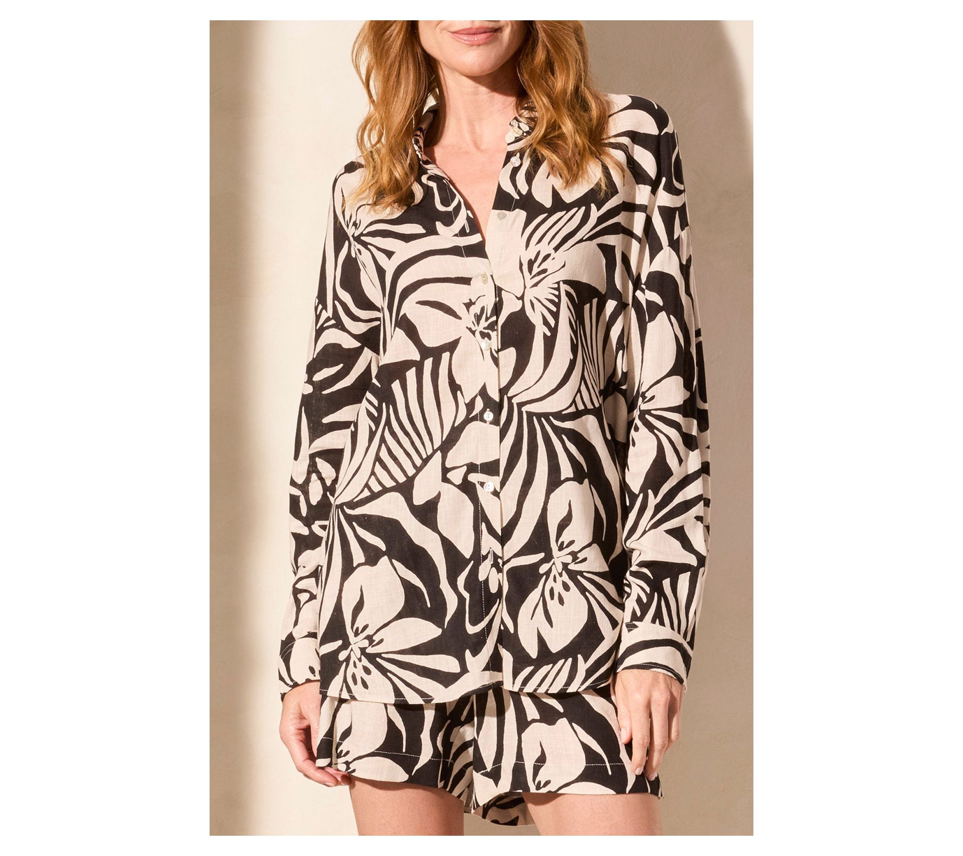 Tribal Long Sleeve Button-Front Shirt With Rolled Up Sleeve