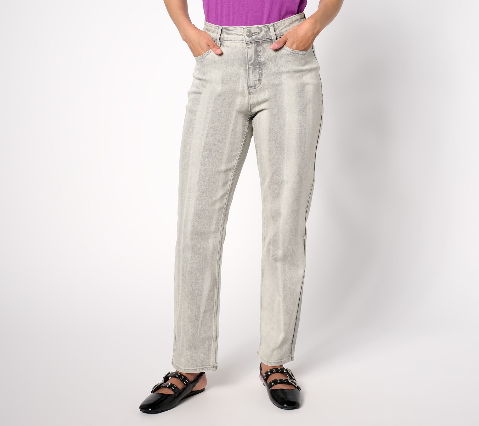 "As Is" LOGO by Lori Goldstein Petite Grey Tie Dye Ankle Straight Jeans