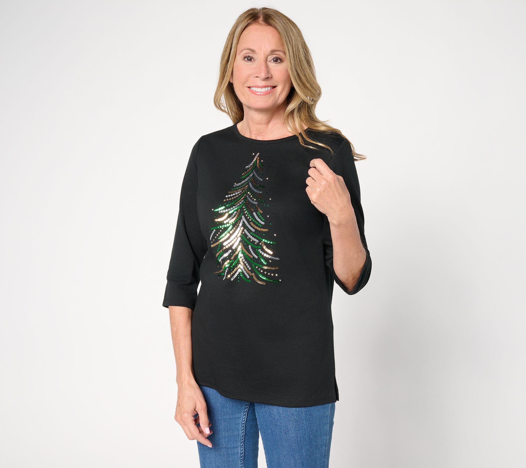 Quacker Factory Tinsel Tree Scoop Neck 3/4 Sleeve Top