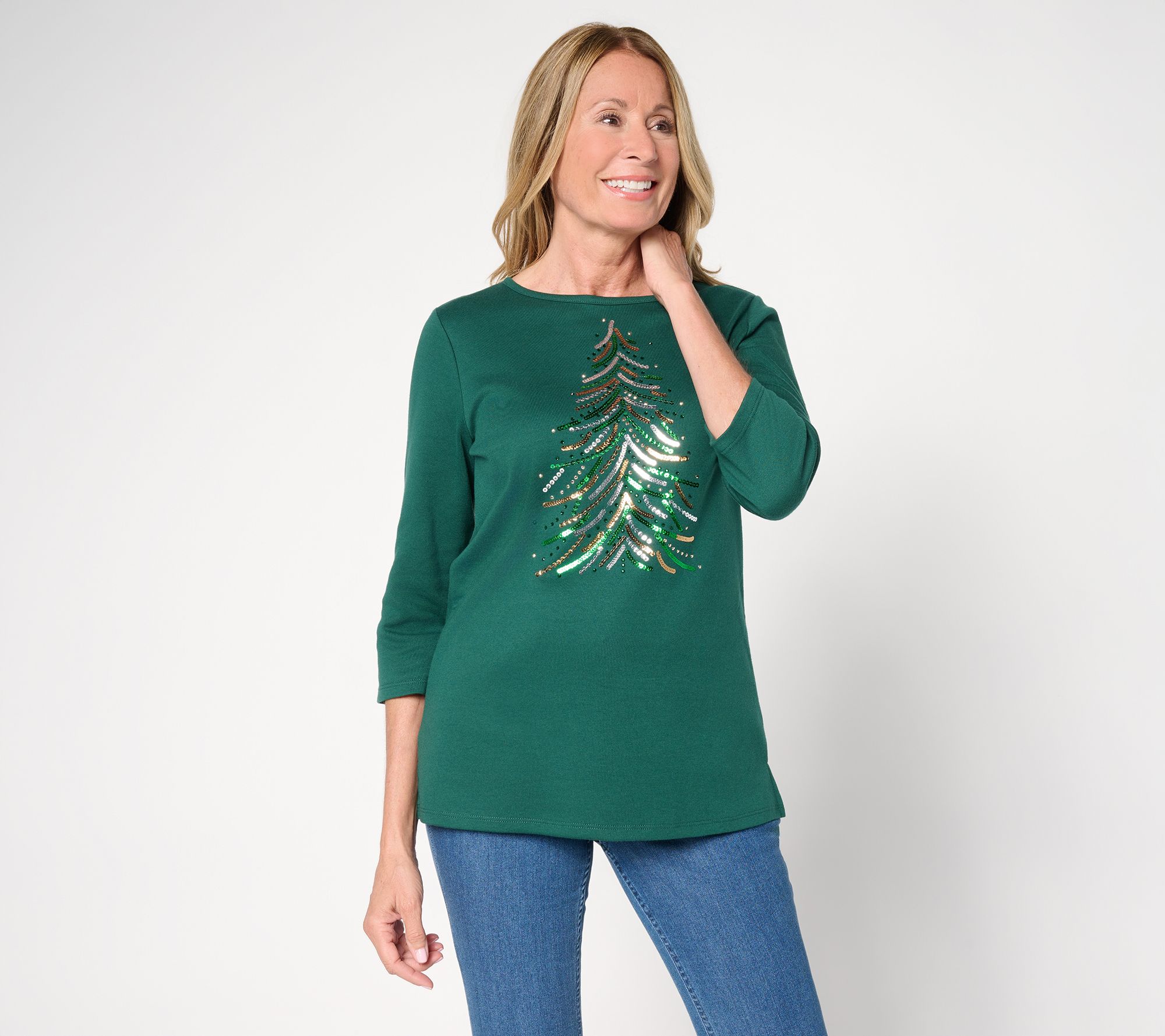 Quacker Factory Tinsel Tree Scoop Neck 3/4 Sleeve Top