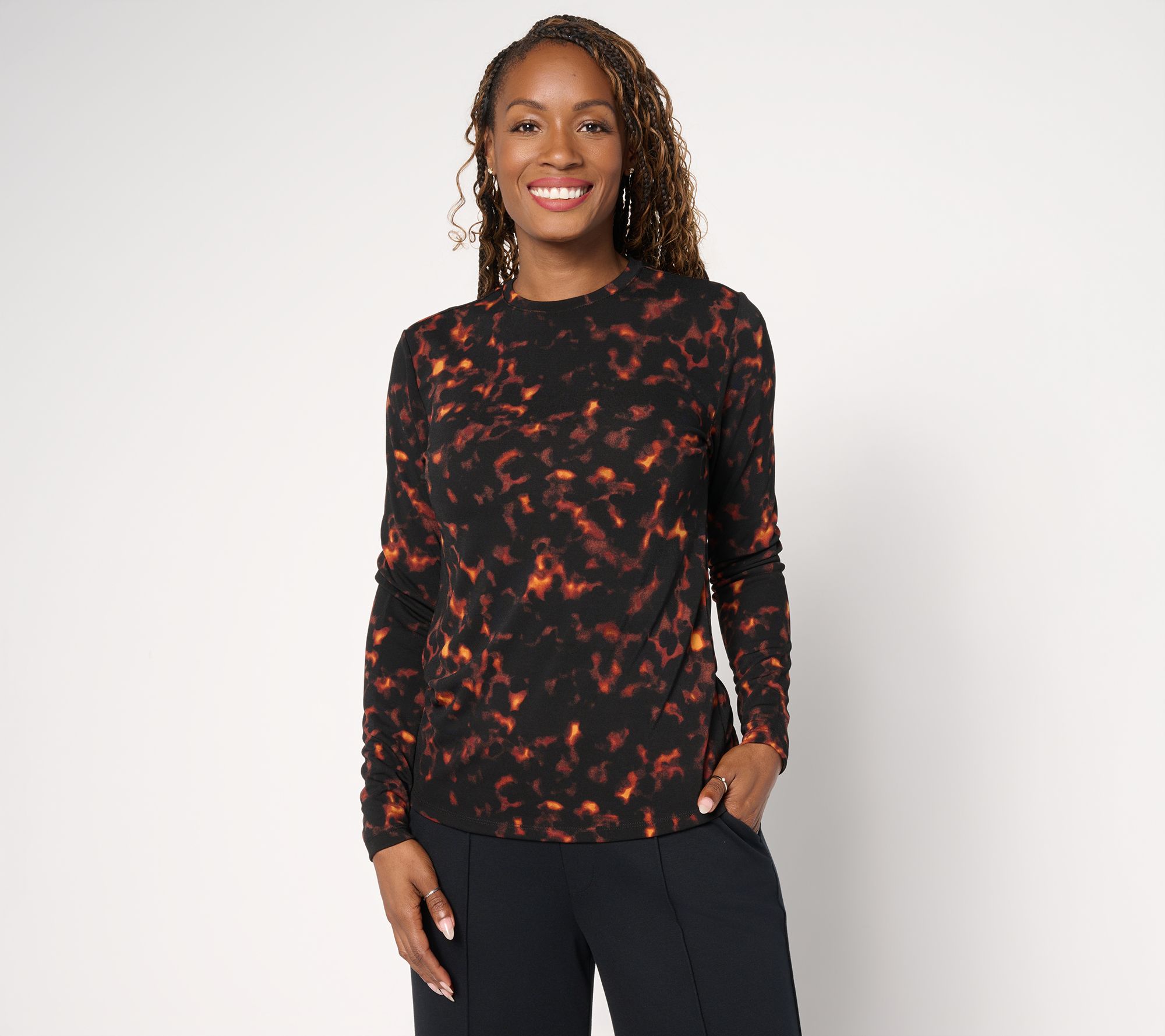  Carla Rockmore Collection Printed Long Sleeve Crew Neck Top