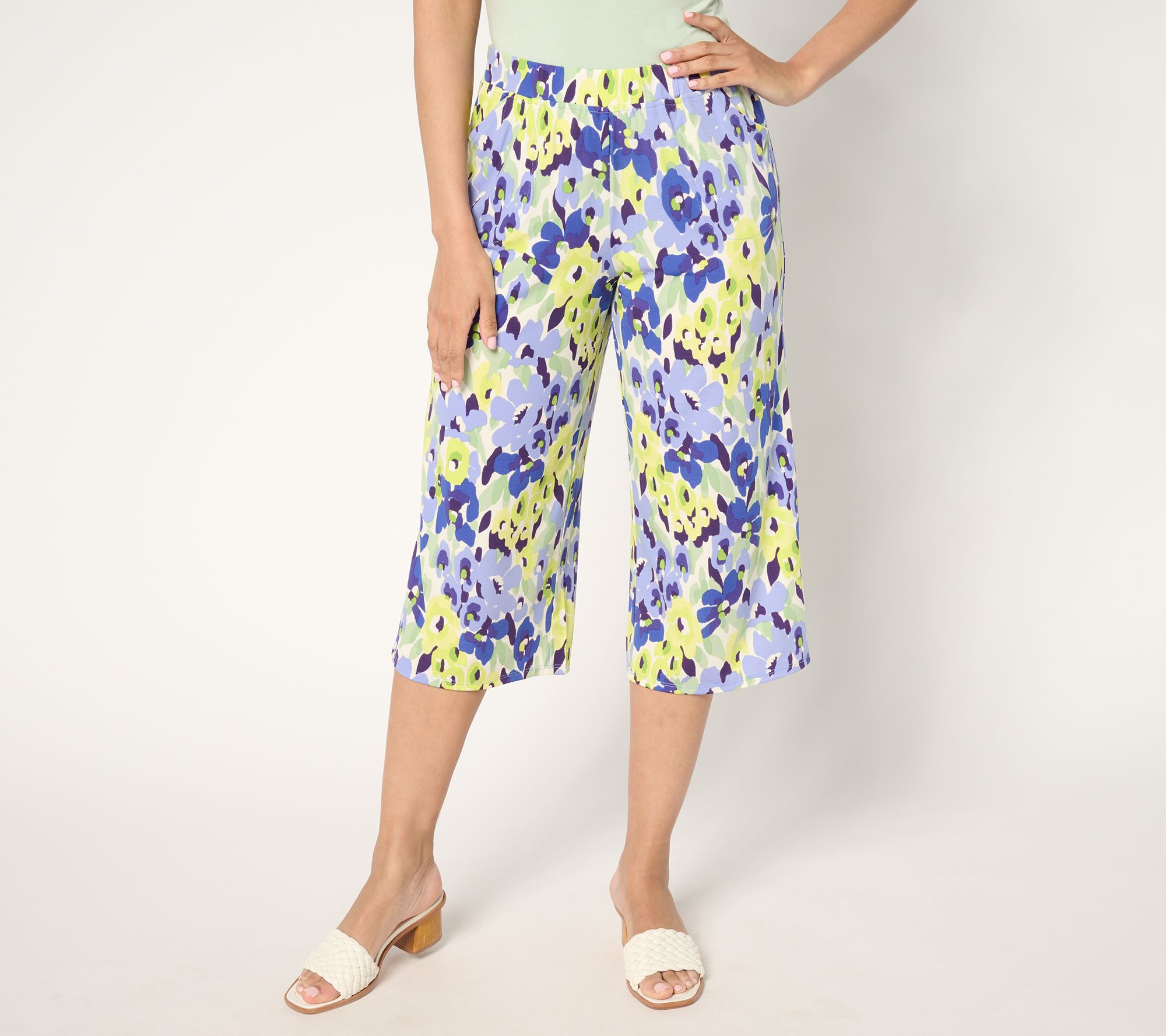 "As Is" Quacker Factory Hello Spring Floral Printed Knit Cropped Pants