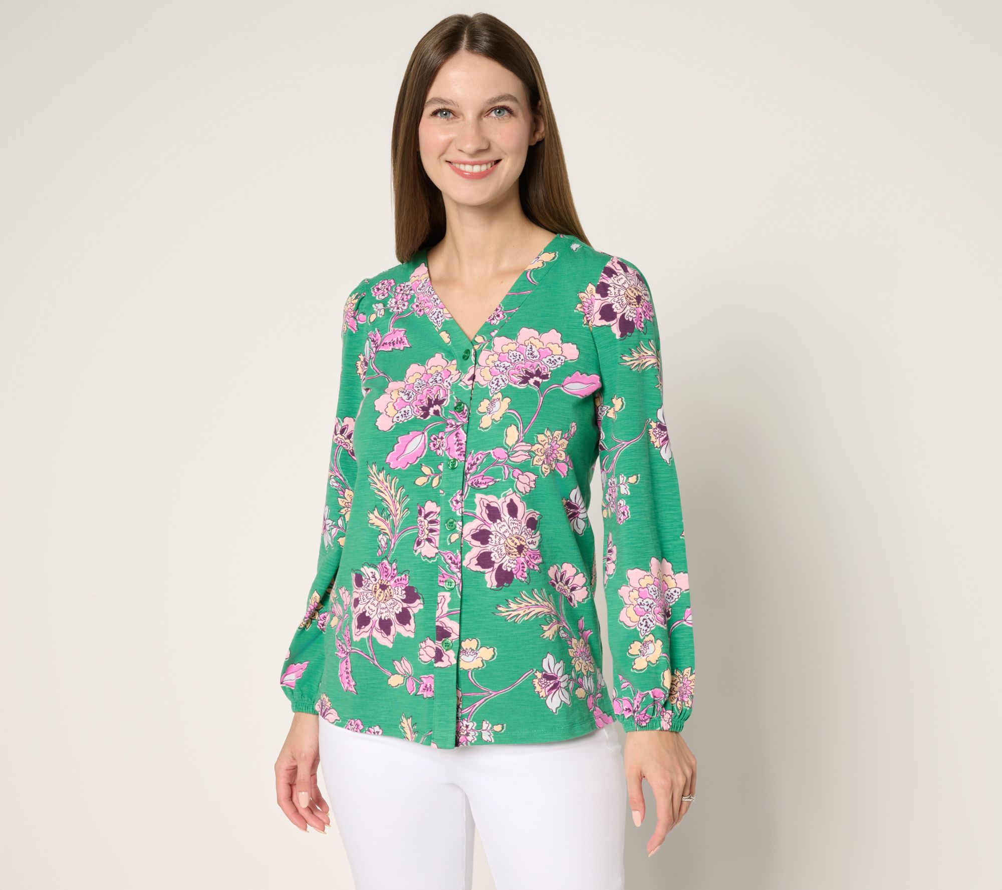"As Is" Belle by Kim Gravel French Floral Button Front Knit Blouse