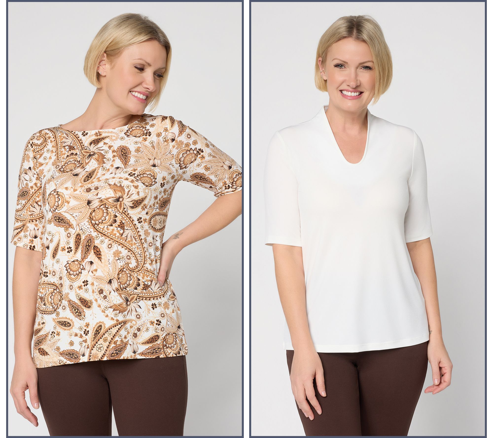 Susan Graver Petite Set of 2 Print & Solid Liquid Knit Tops